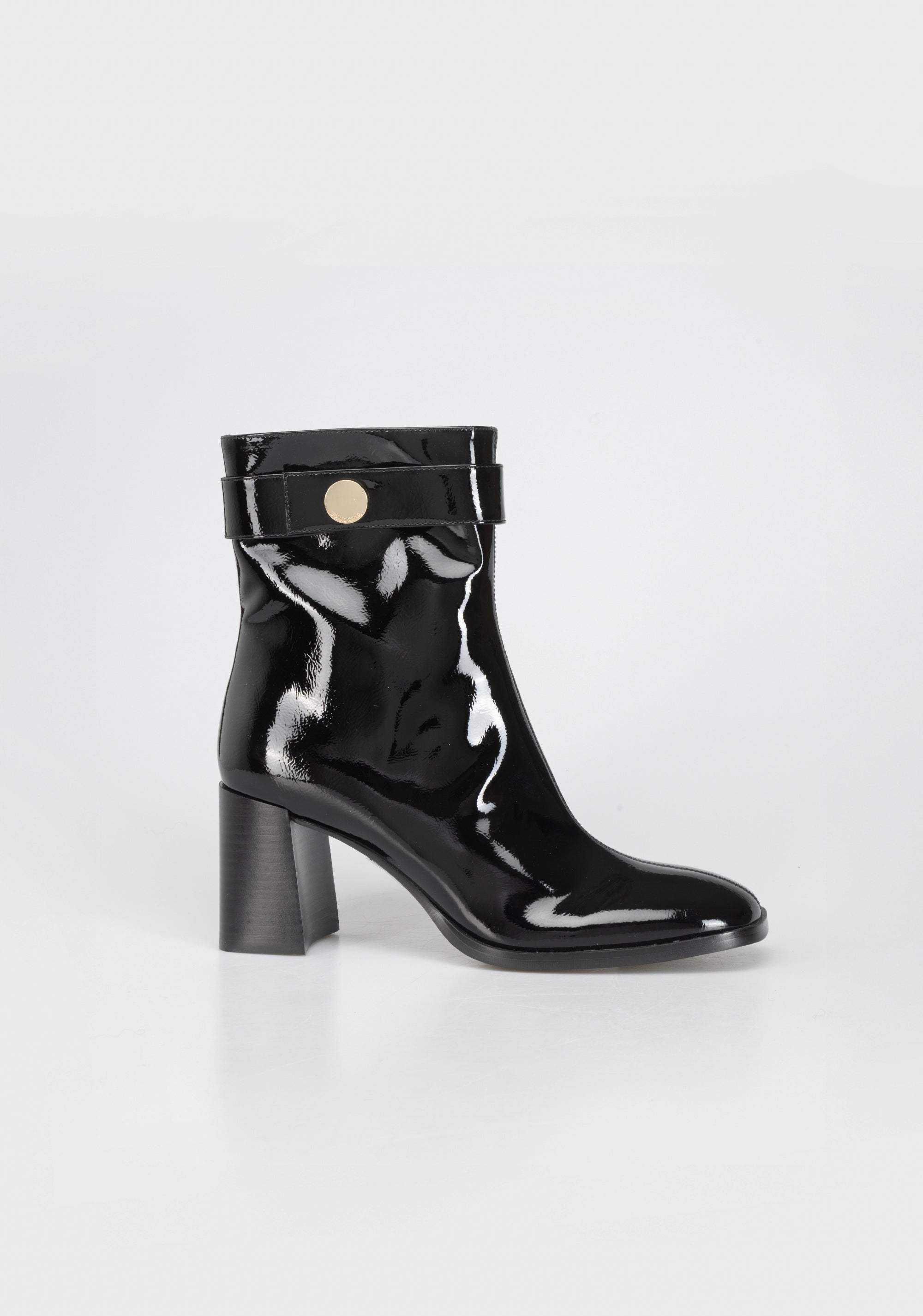 Glamorous Patent Leather Ankle Boots with Block Heel and Gold