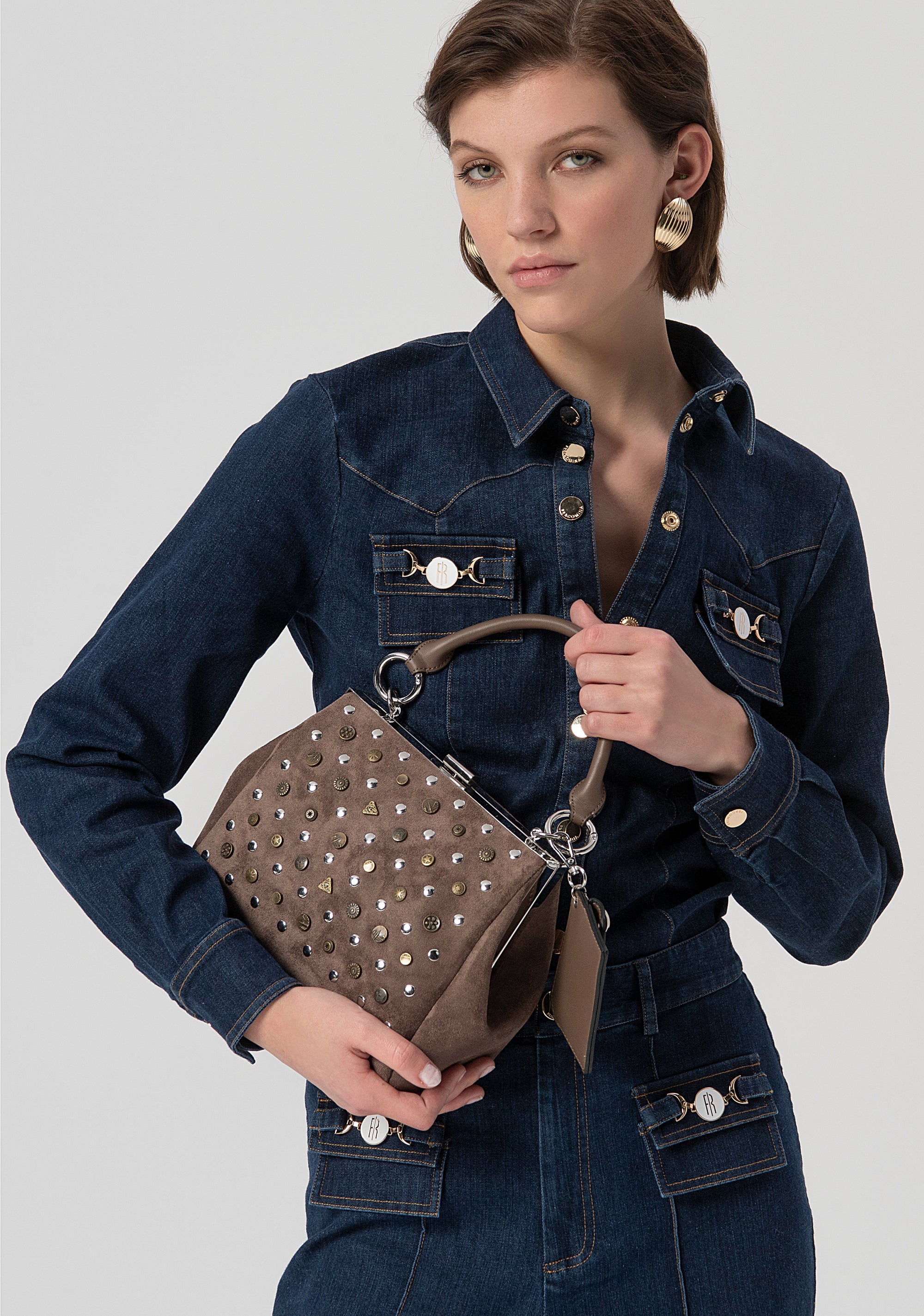 Elegant in Taupe Faux Suede with Studs and Charm Fracomina FB25WB1002P45401-G16_1f0d5d26-bdfa-495f-88dd-ea02937f762c