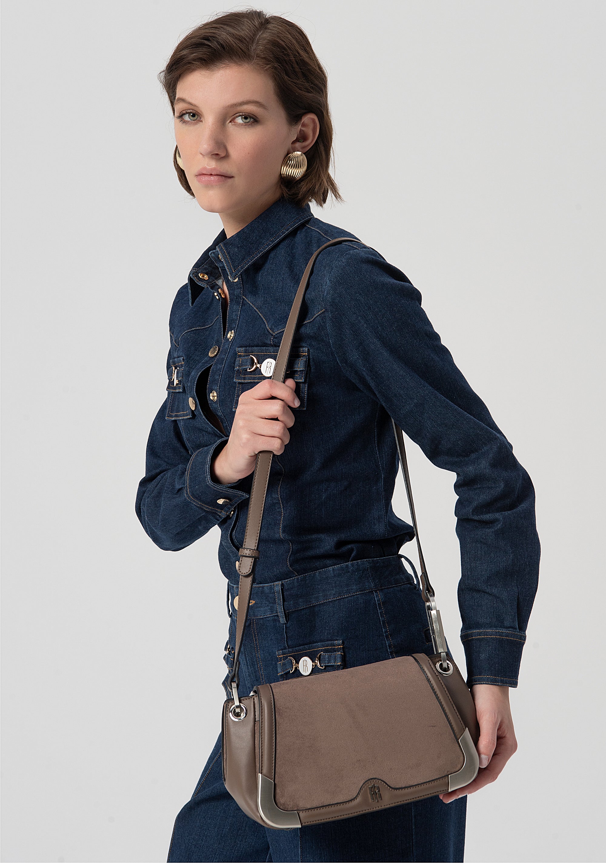 Elegant Shoulder Bag with Silver Metallic Details Fracomina FB25WB3001P45401-G16