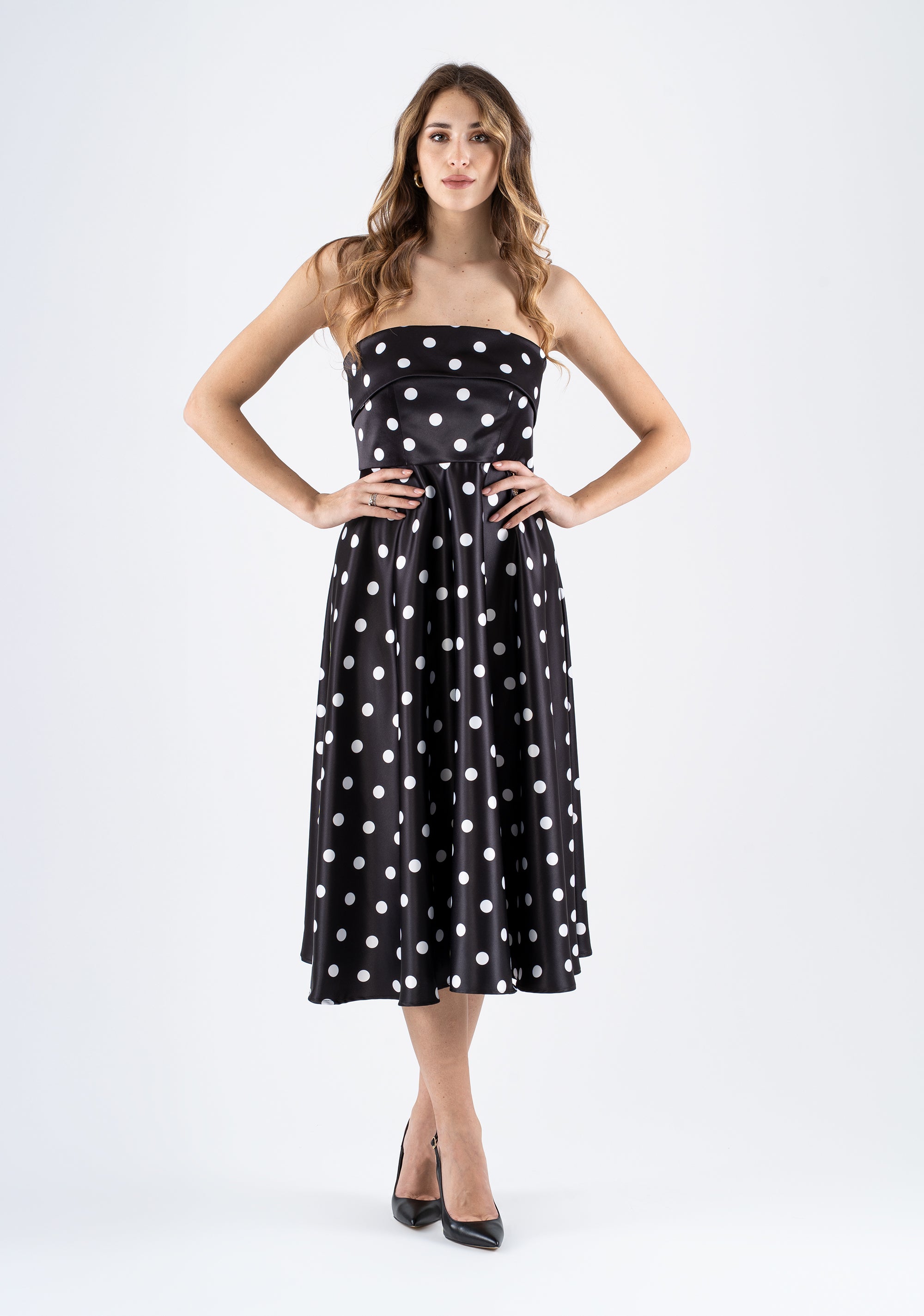 Polka dot midi dress with straight neckline and structured bodice Fracomina FI25SD2002W755D2-060_3