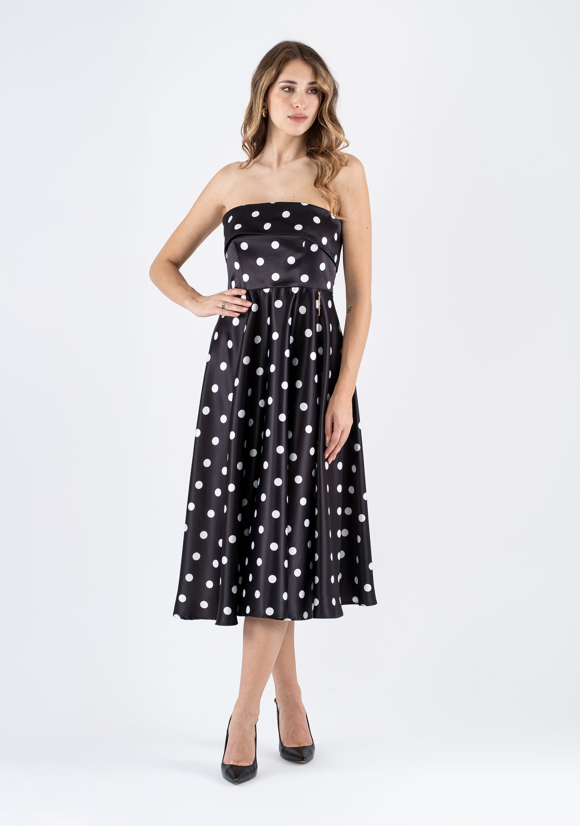 Polka dot midi dress with straight neckline and structured bodice Fracomina FI25SD2002W755D2-060_4