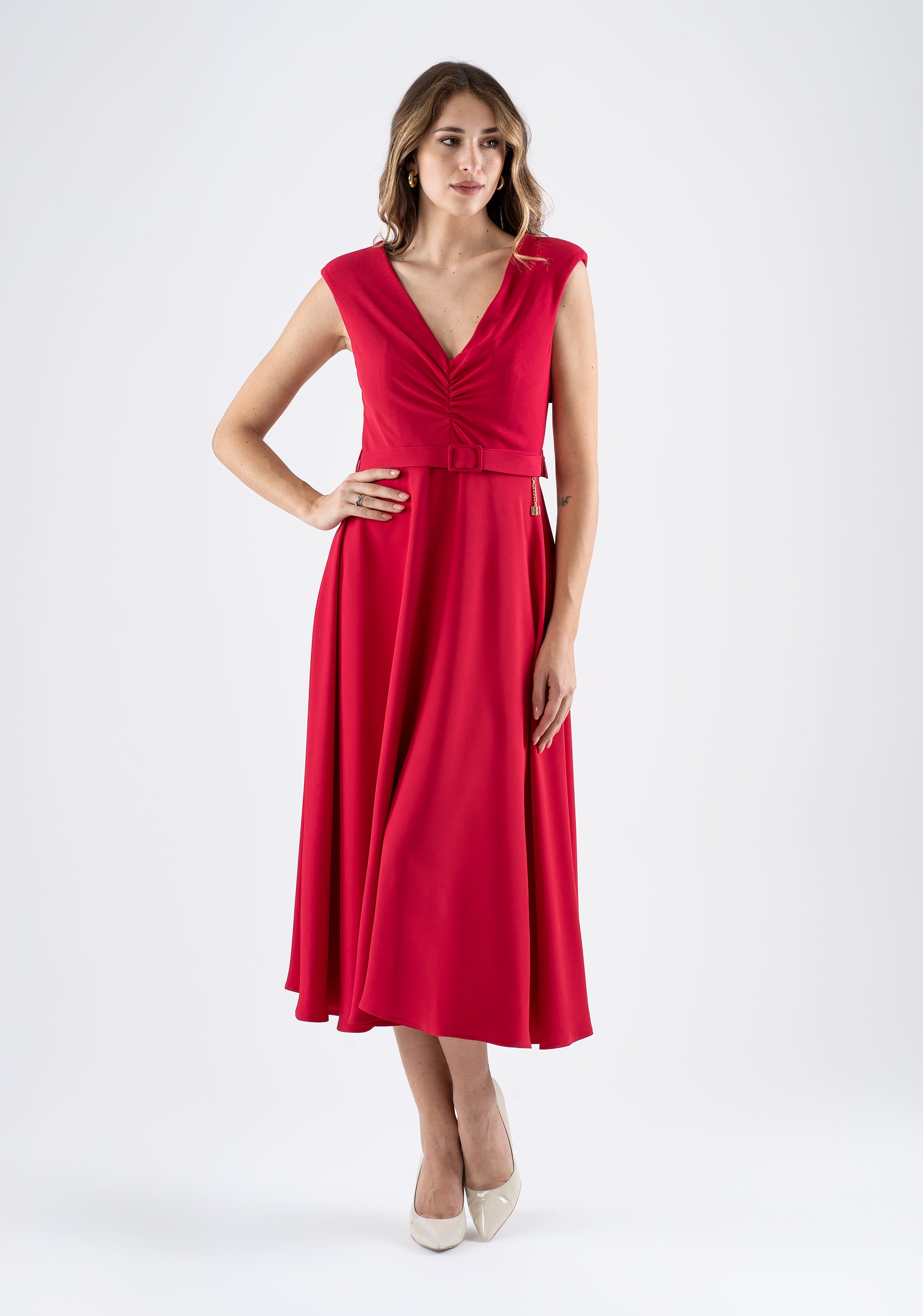 Flared midi dress with V-neckline and belt Fracomina FI25SD2003W47601-689_3