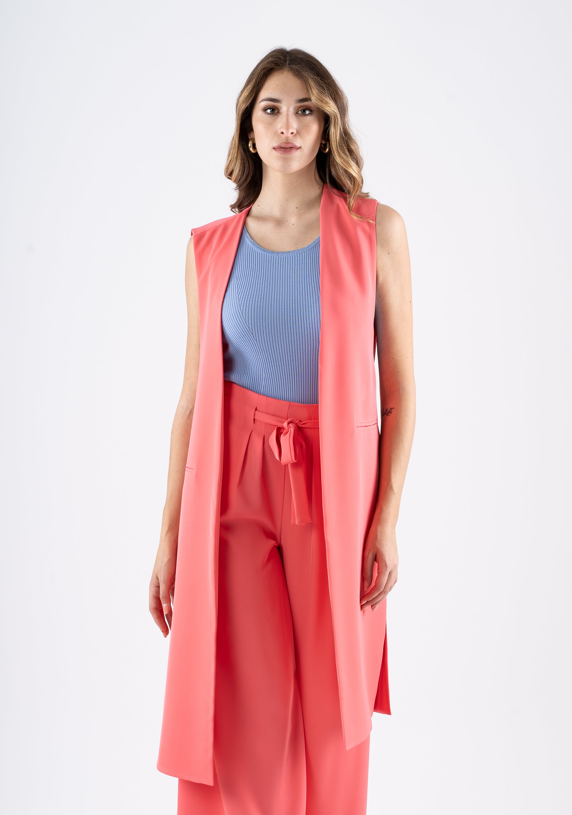 Long Sleeveless Vest in Coral Flowing Fabric Fracomina FI25SJ3002W47601-107_1