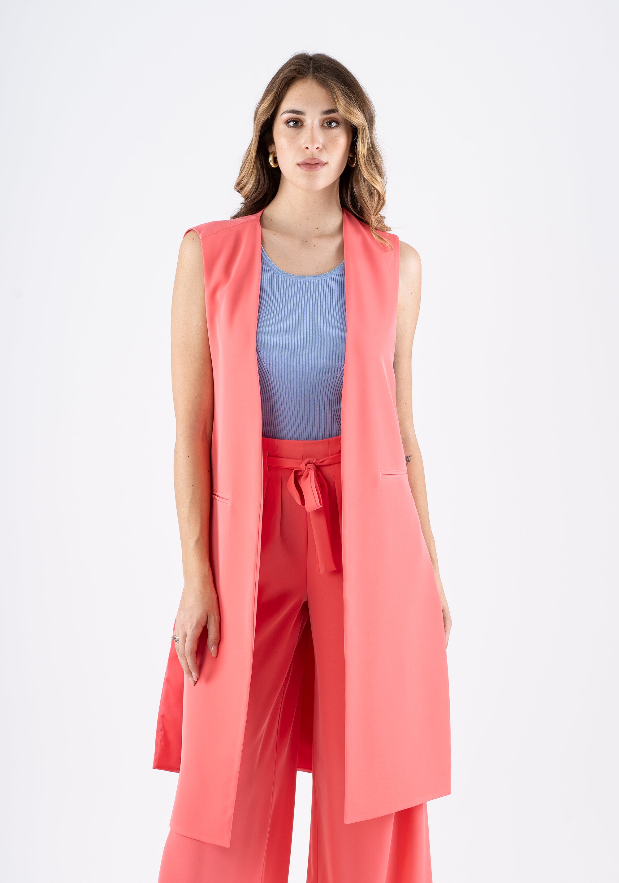 Long Sleeveless Vest in Coral Flowing Fabric Fracomina FI25SJ3002W47601-107_2