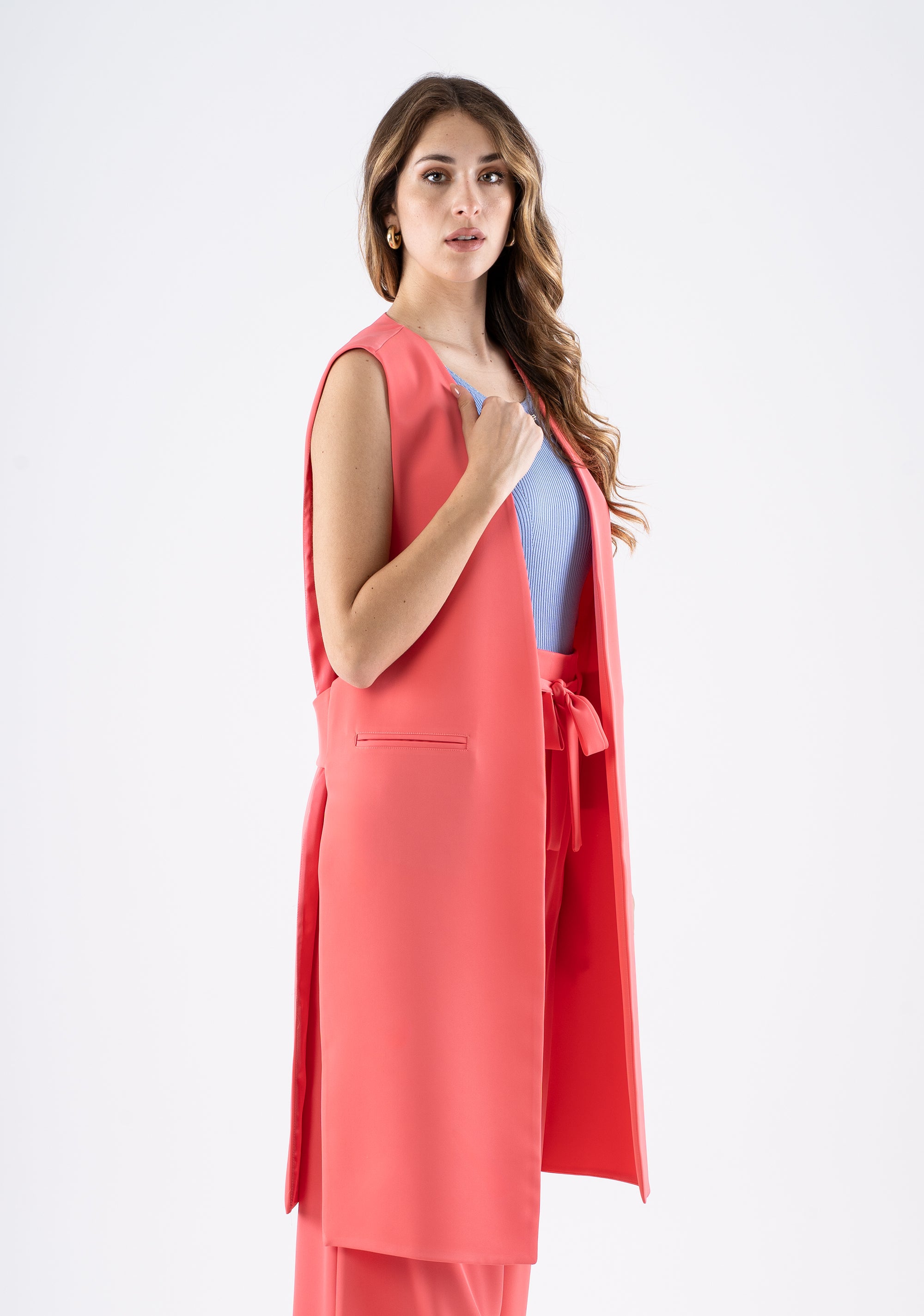 Long Sleeveless Vest in Coral Flowing Fabric Fracomina FI25SJ3002W47601-107_3
