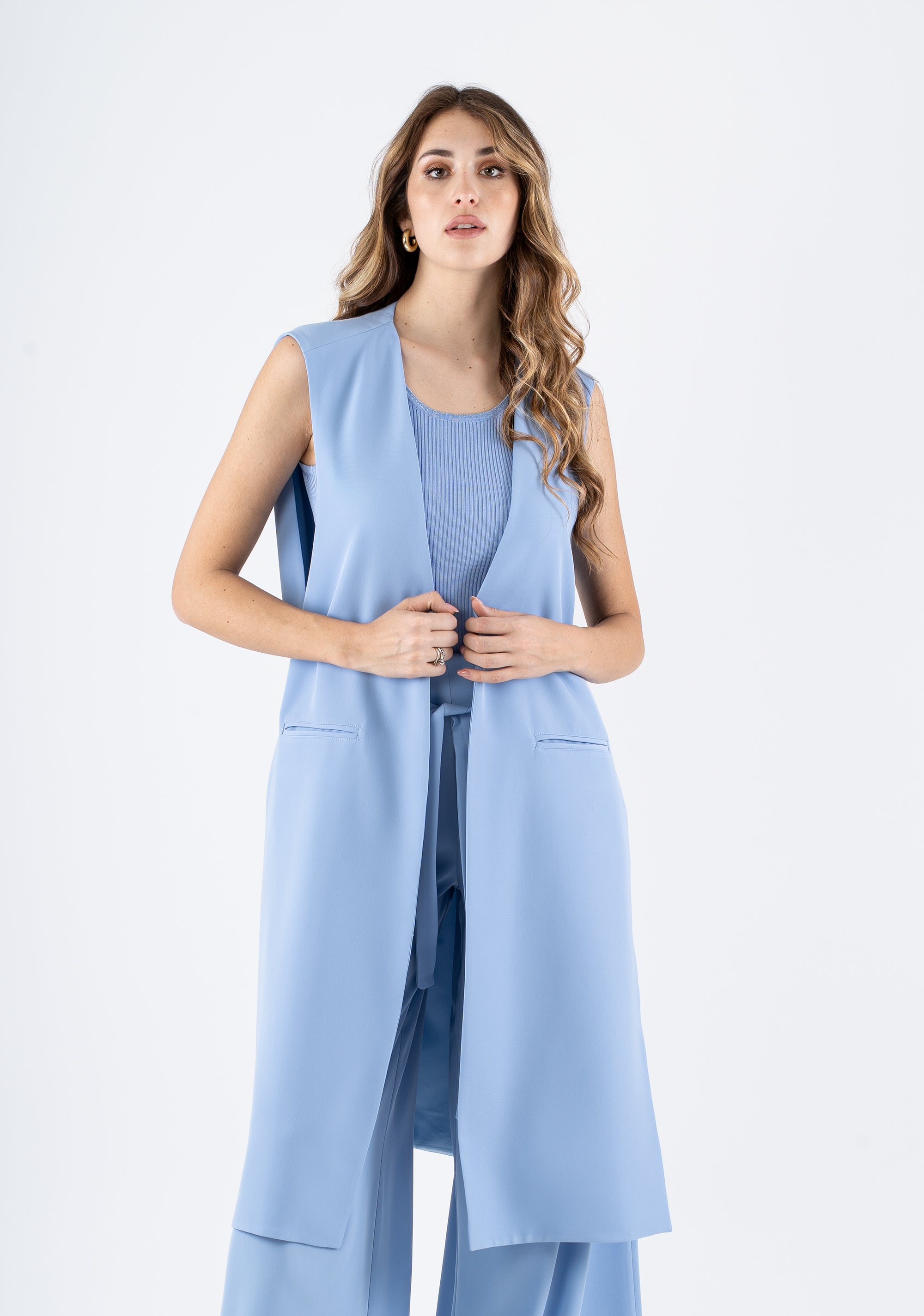 Long Sleeveless Vest in Coral Flowing Fabric Fracomina FI25SJ3002W47601-252_3