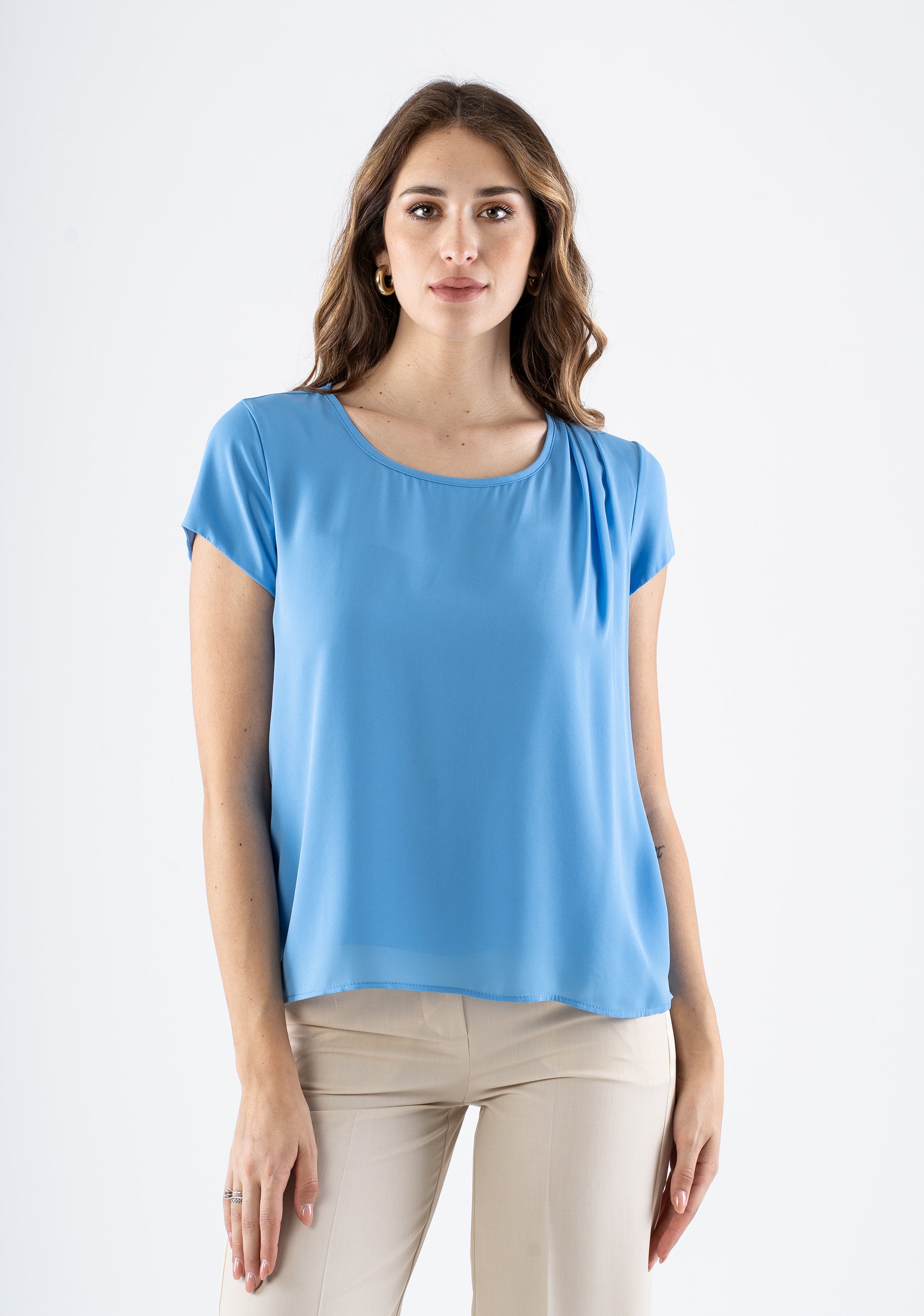 Short-sleeve round-neck blouse with draped detail Fracomina FI25ST1001W41201-252_1