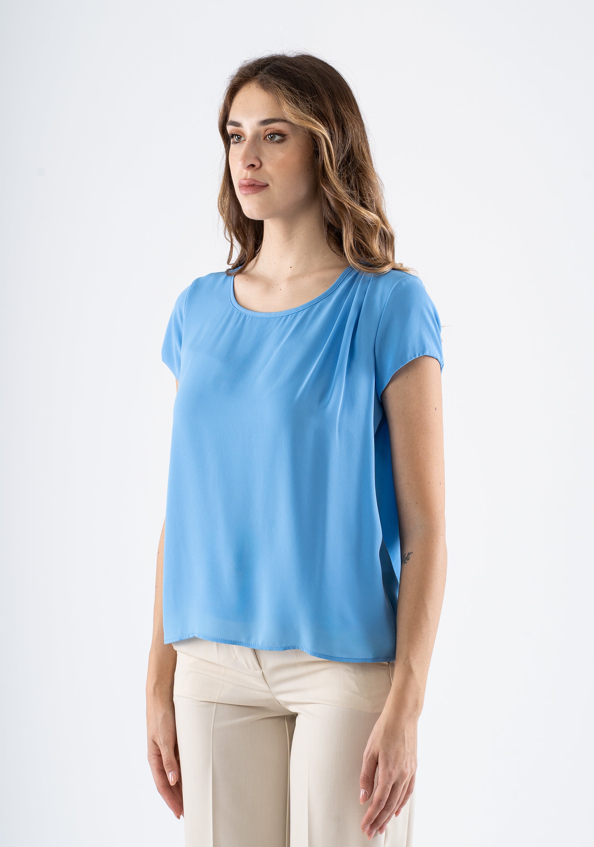 Short-sleeve round-neck blouse with draped detail Fracomina FI25ST1001W41201-252_3