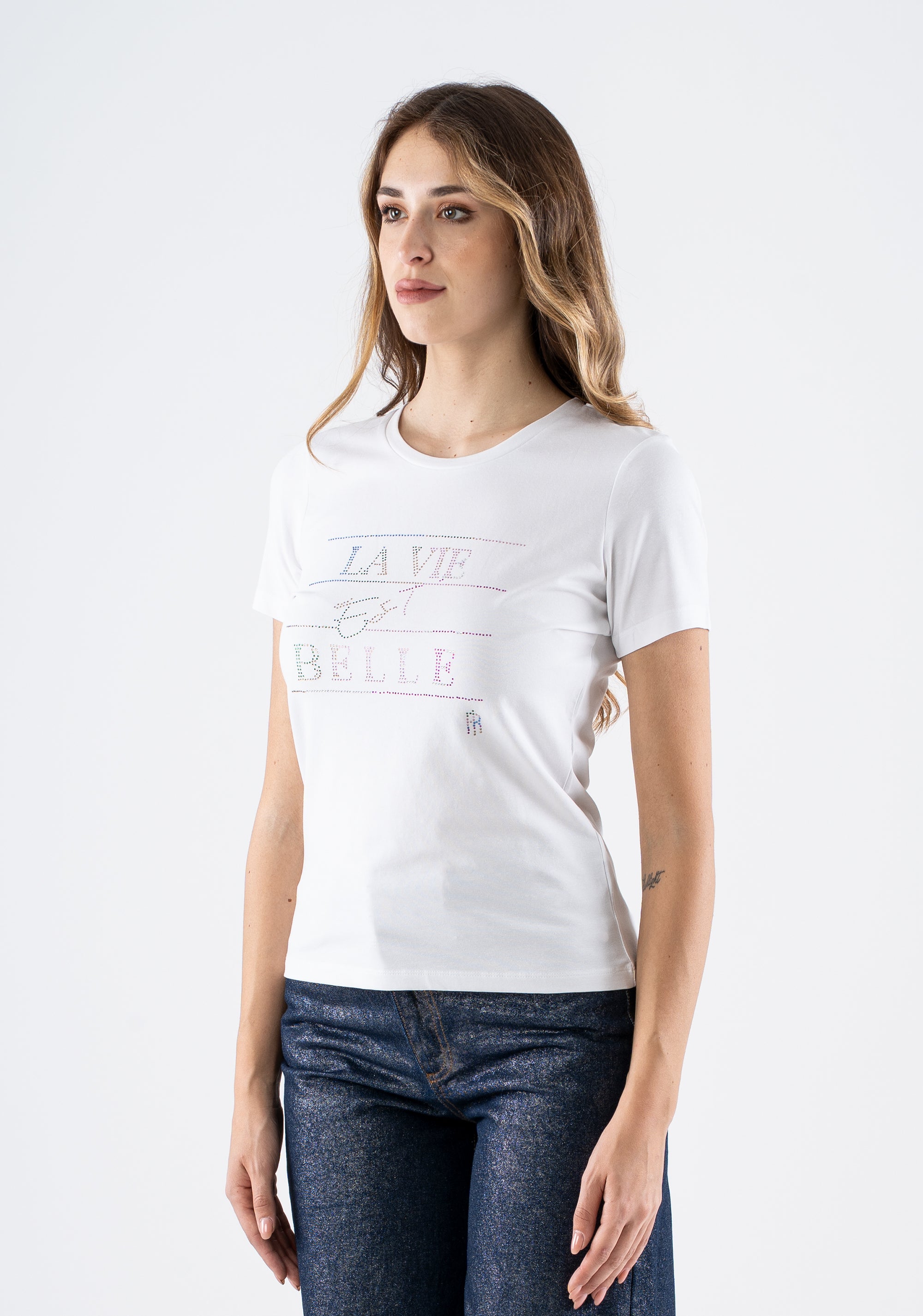 T-Shirt with Rhinestone “La Vie Est Belle” Print Fracomina FI25ST2003J401R8-278_4