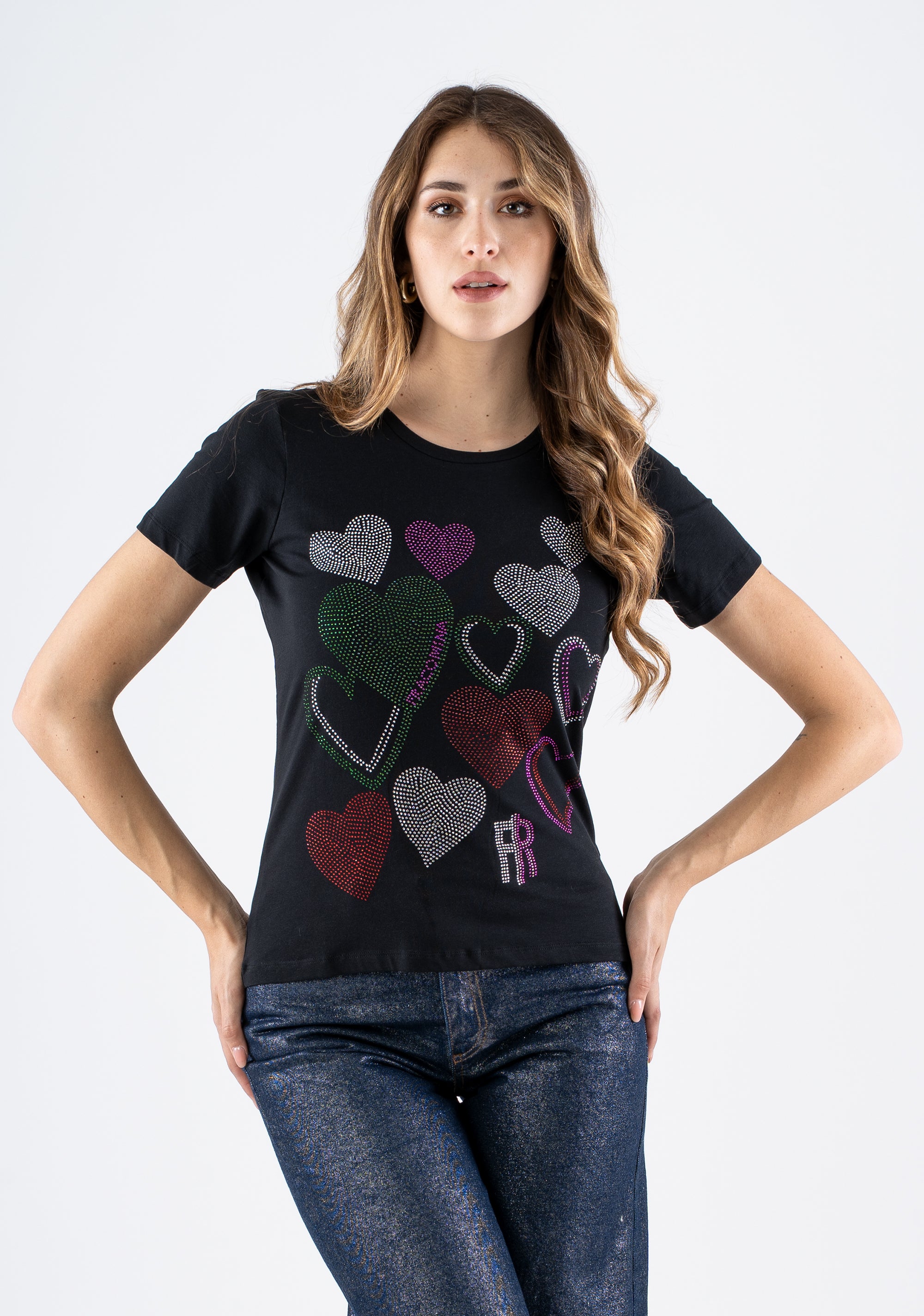T-shirt with Multicolor Rhinestone Hearts Fracomina FI25ST3004J401R8-053_2