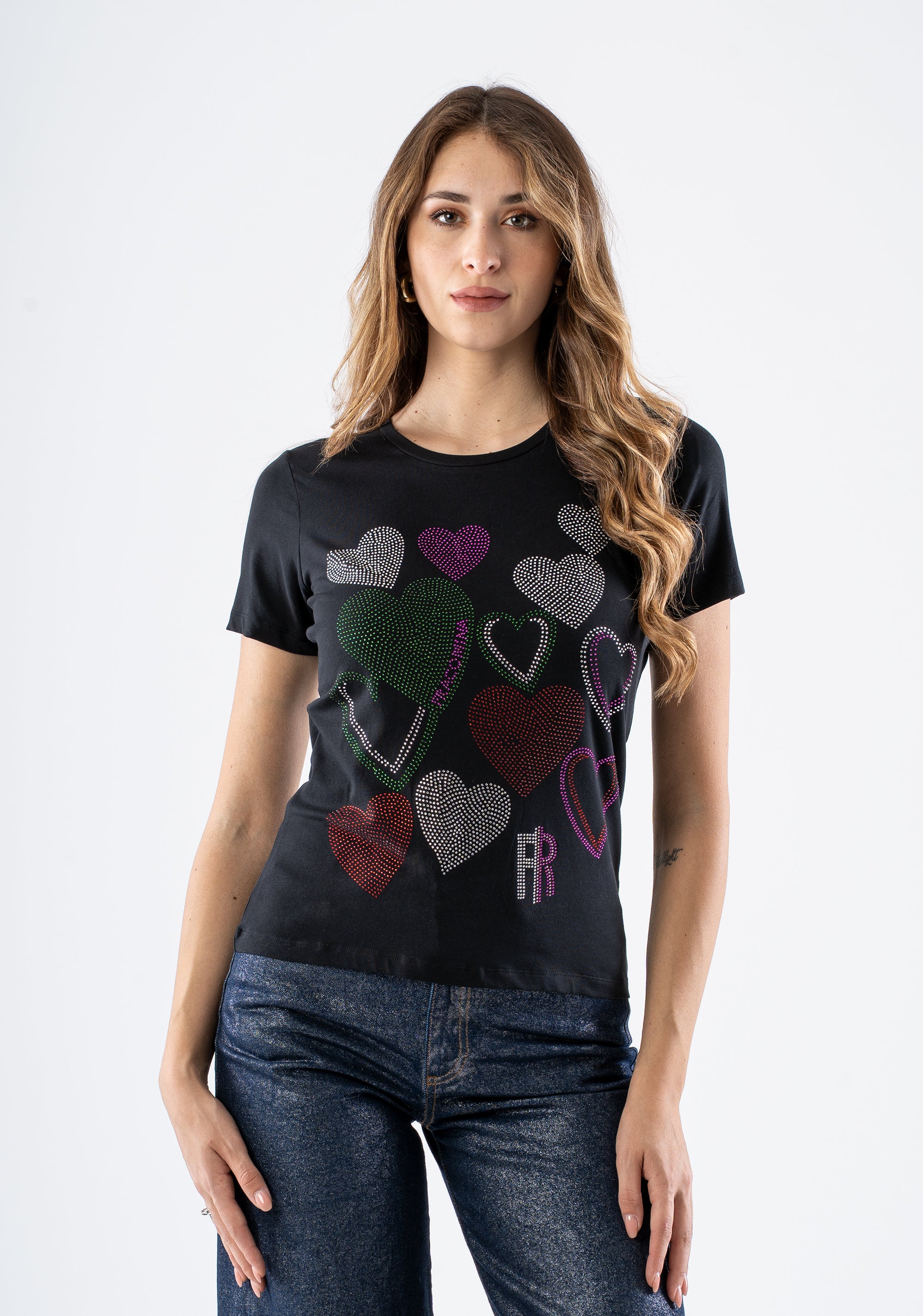 T-shirt with Multicolor Rhinestone Hearts Fracomina FI25ST3004J401R8-053_3