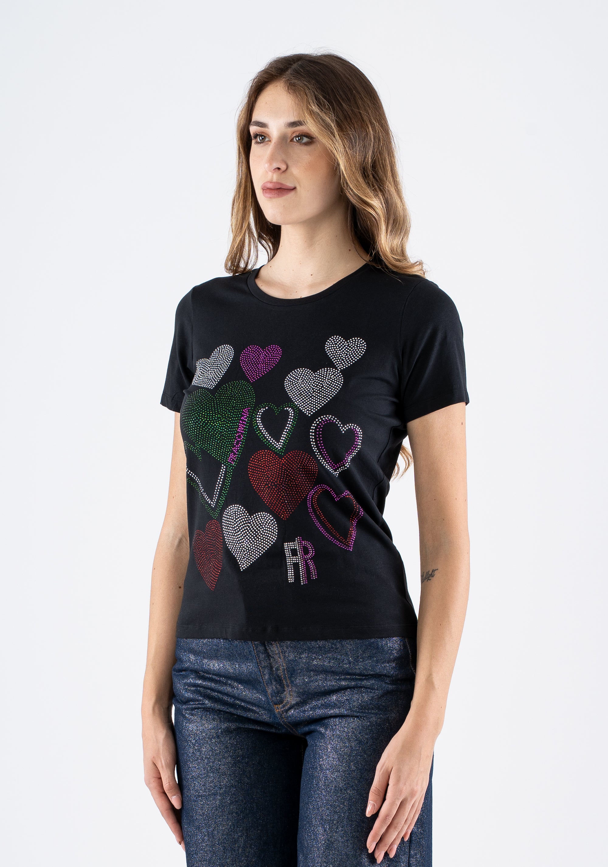 T-shirt with Multicolor Rhinestone Hearts Fracomina FI25ST3004J401R8-053_4