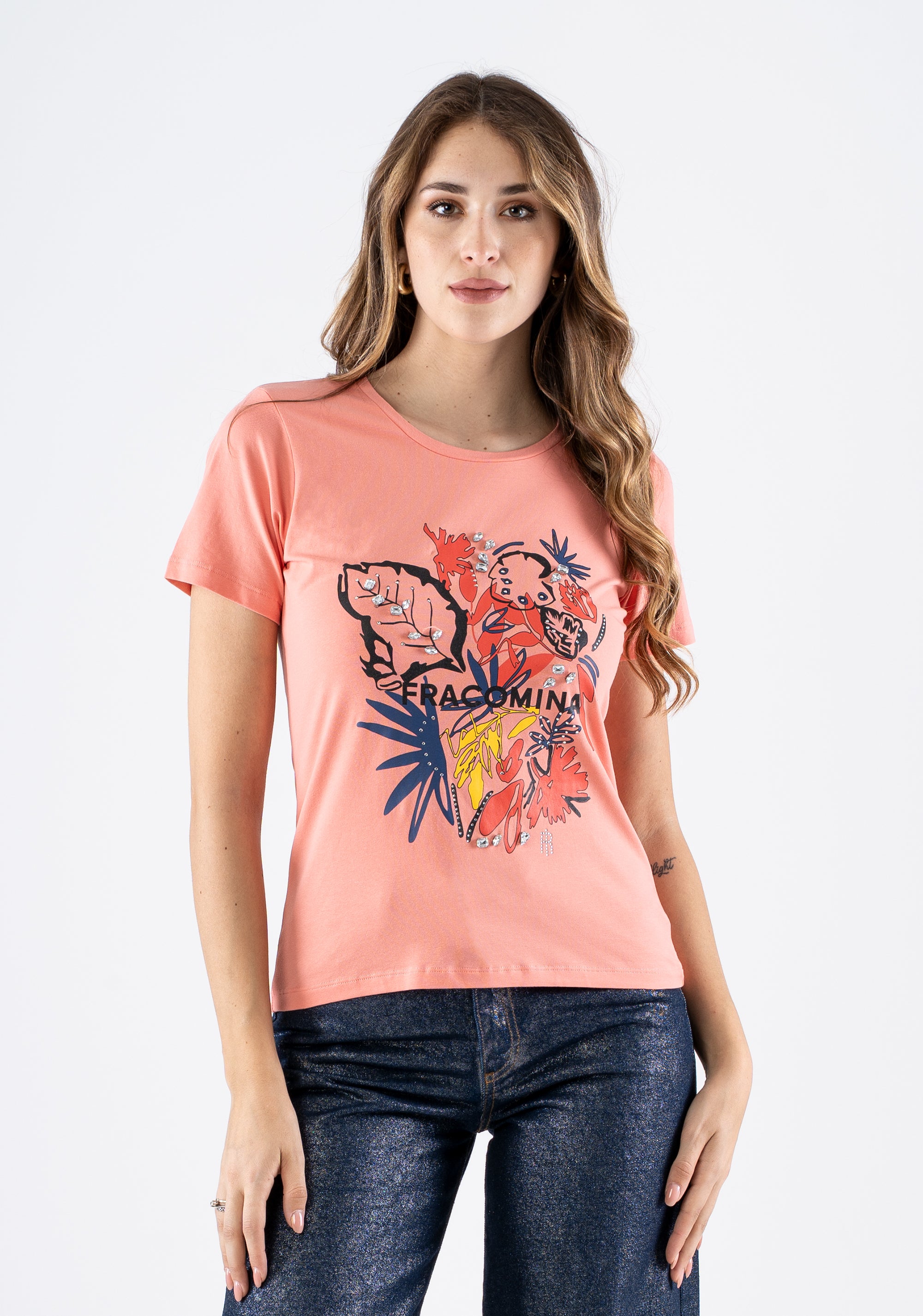 T-shirt with Tropical Print and Rhinestone Details