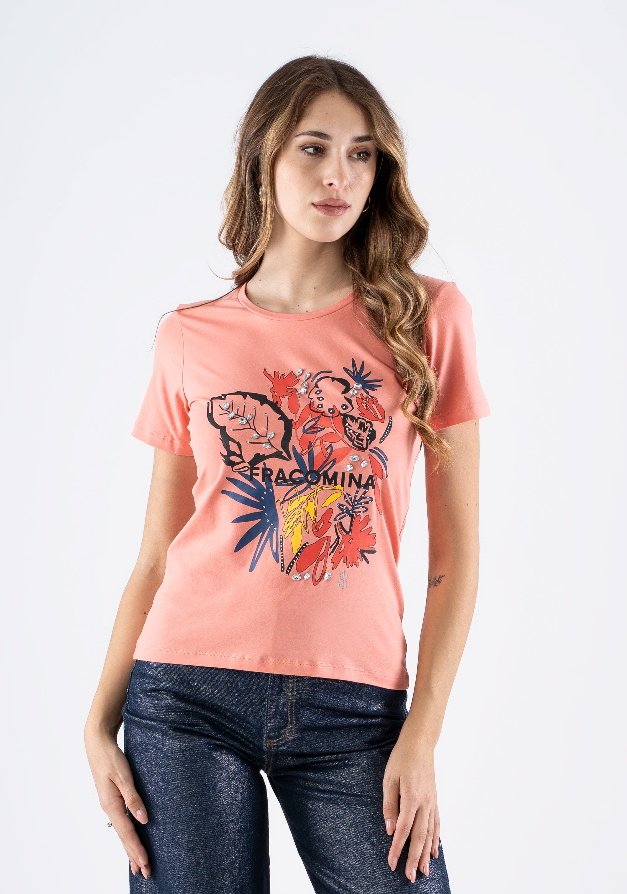 T-shirt with Tropical Print and Rhinestone Details Fracomina FI25ST3005J401R8-238_3