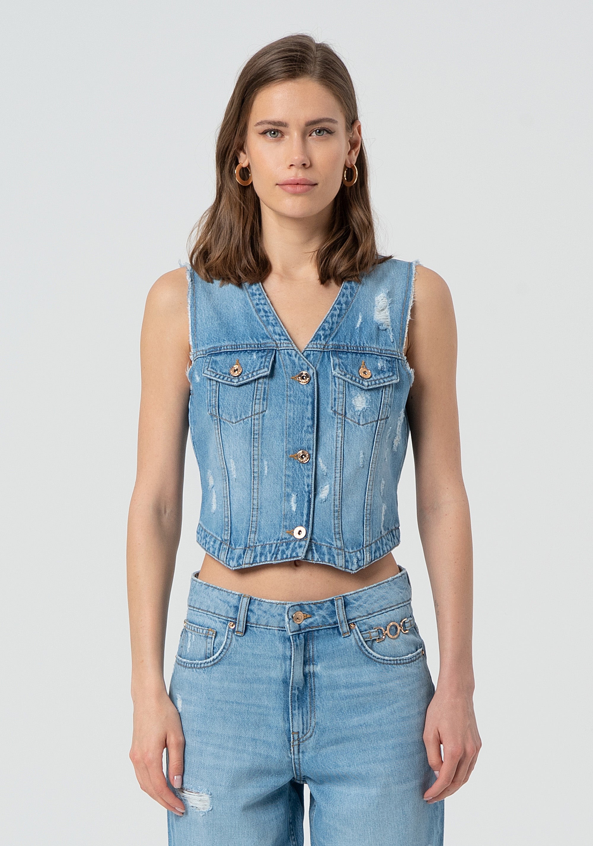 Gilet regular fit made in denim with bleached wash Fracomina FP25SJ5018D419R4-428-1