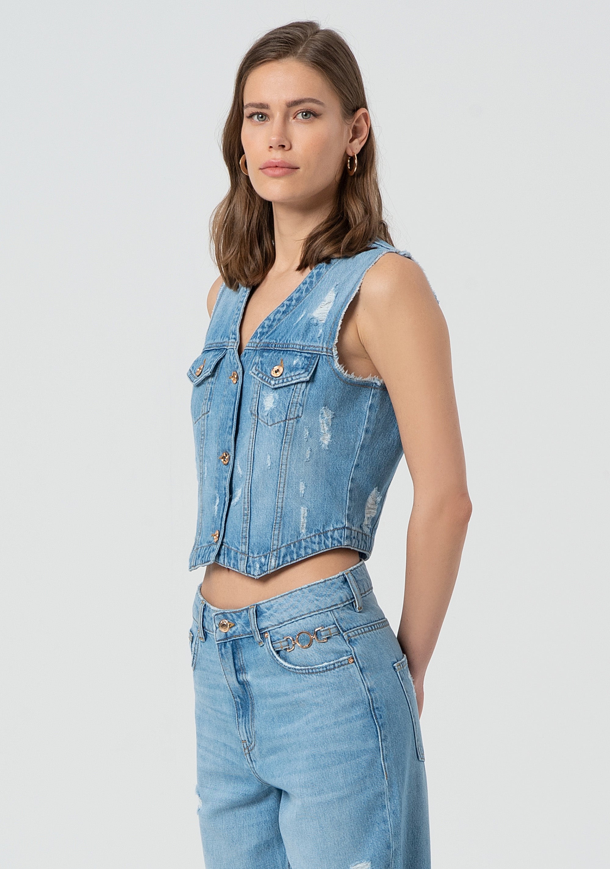 Gilet regular fit made in denim with bleached wash Fracomina FP25SJ5018D419R4-428-3