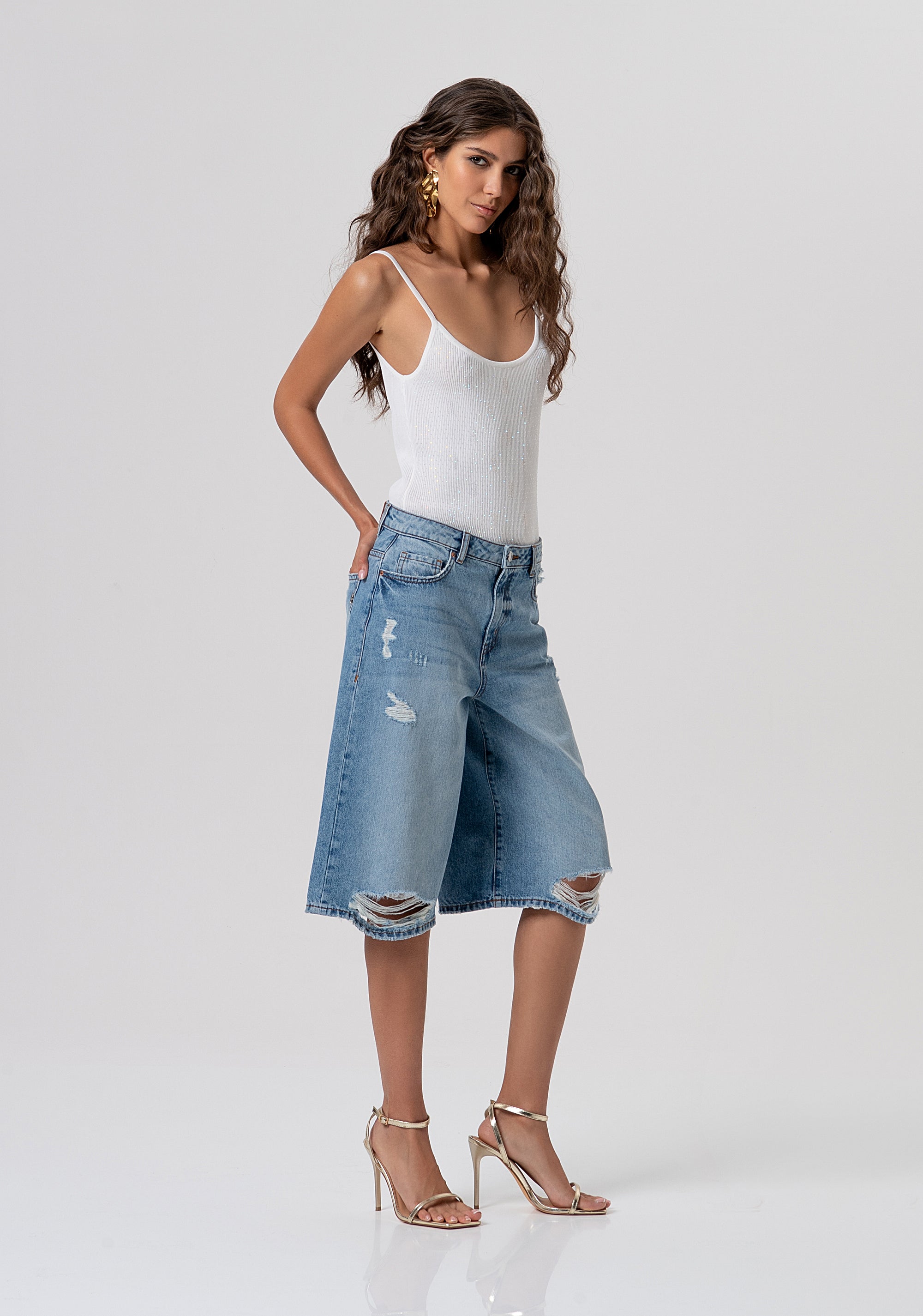 Bermuda regular fit made in denim with middle wash and rips Fracomina FP26SV6019D471O1-437-2