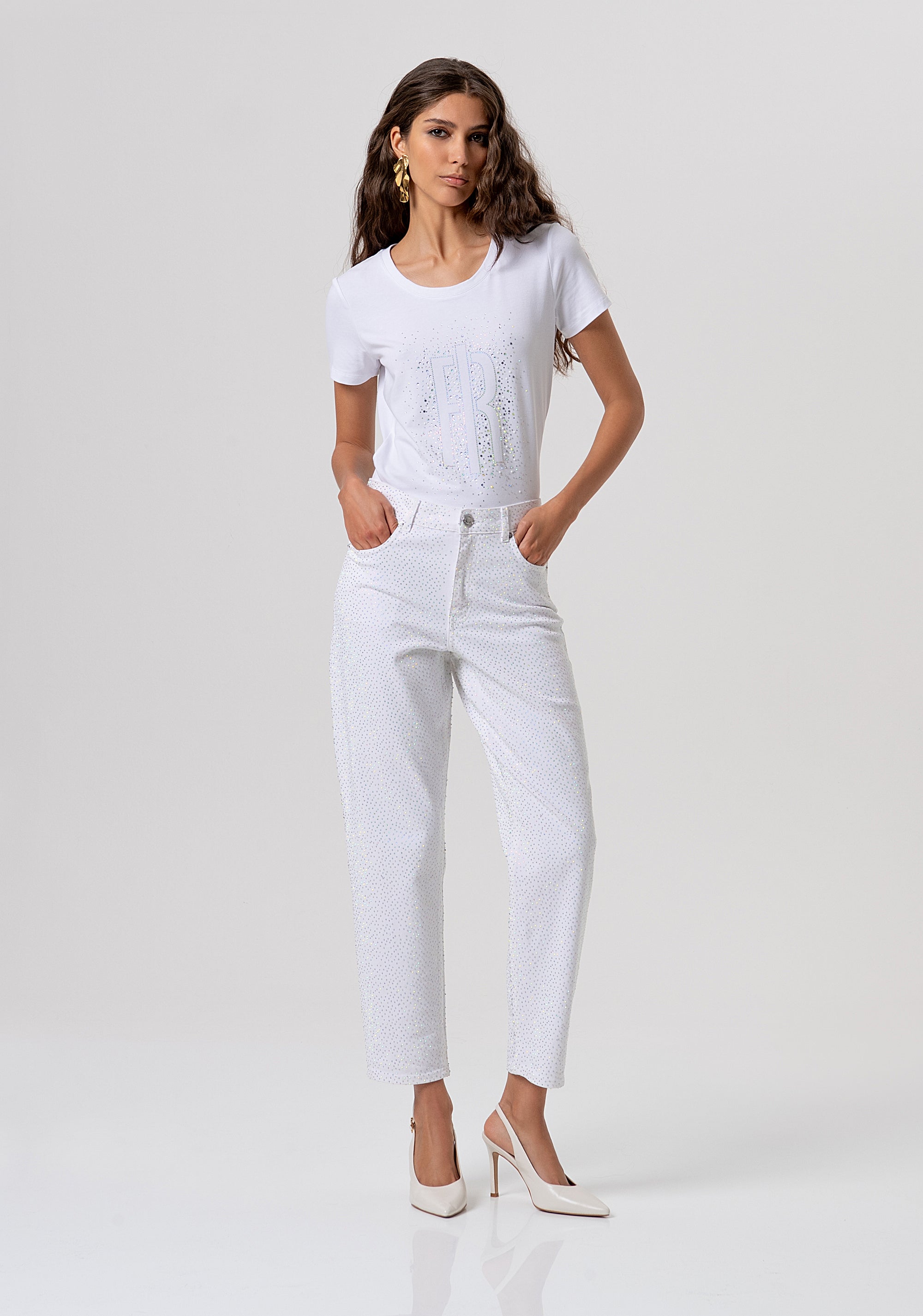 Pant carrot mom fit made in bull fabric with strasses Fracomina FP26SVD005W615R9-278-1