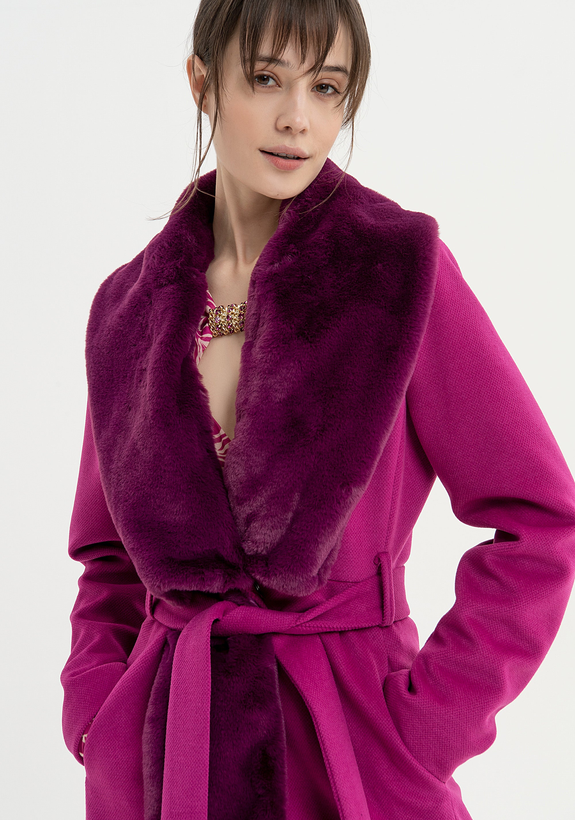 Long coat regular fit with internal part made in fake fur Fracomina FQ23WC1002W65701-L58-2