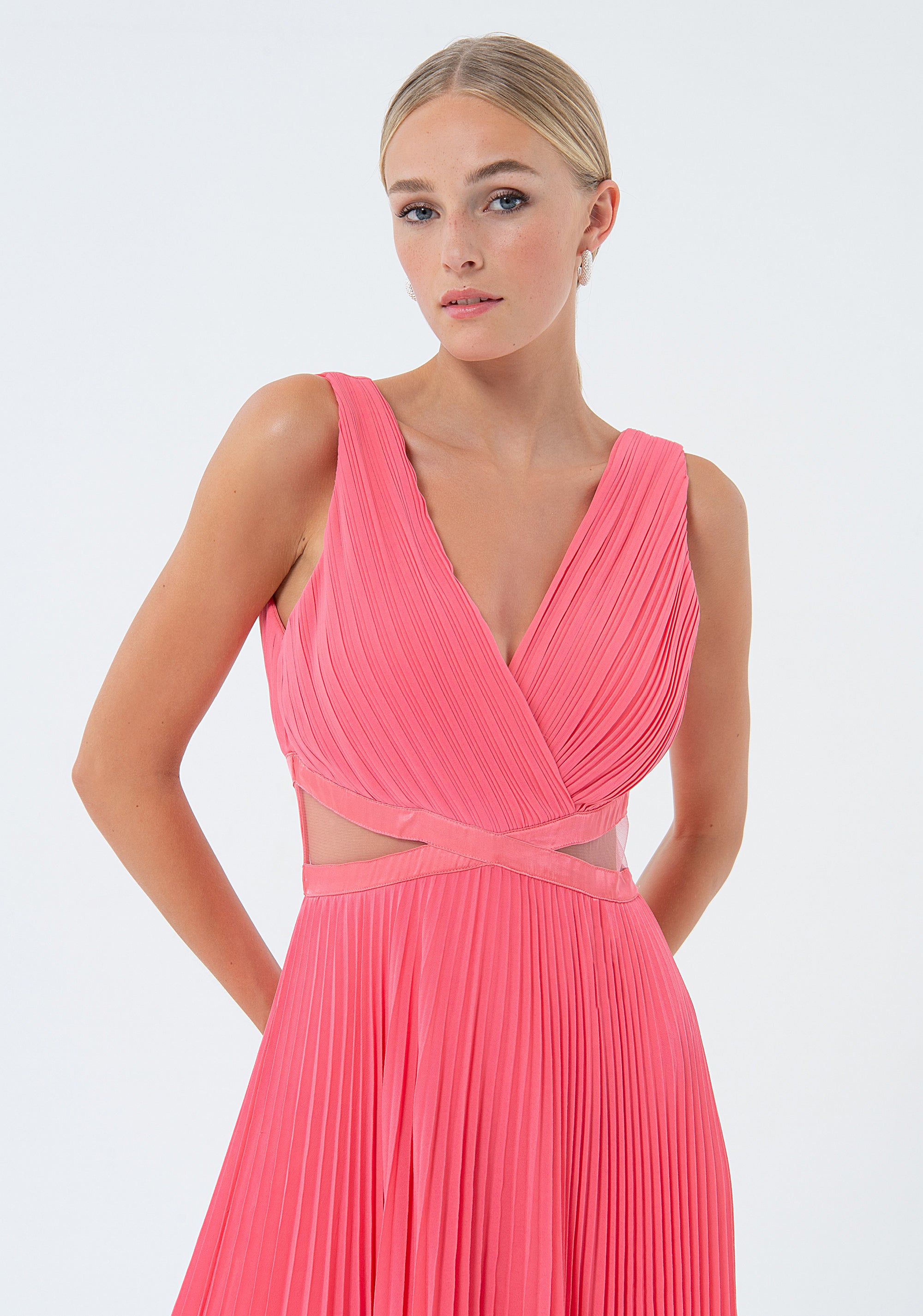 Long sleeveless dress made in plissè effect fabric Fracomina FQ24SD3026W412F9-L12-2_a7aec66c-519f-4fb8-afed-ae0c4020859c