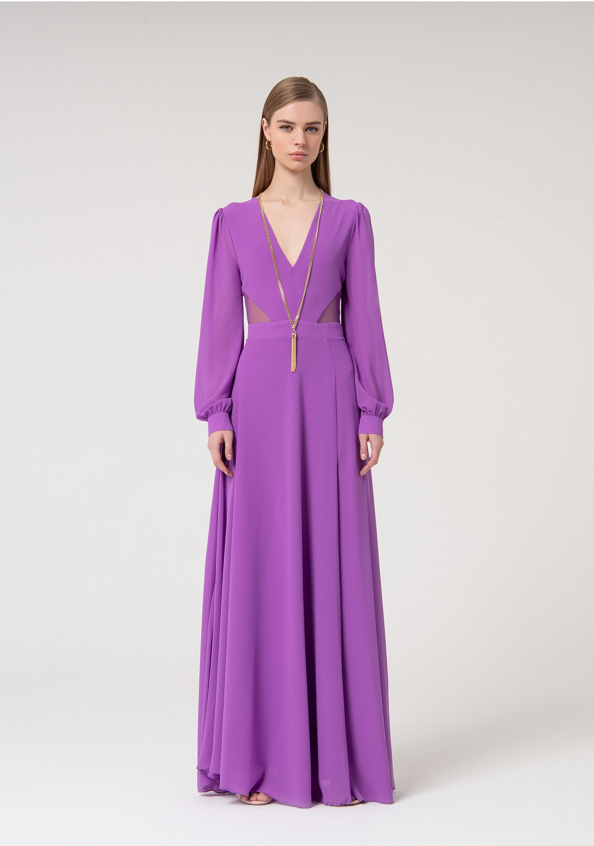 Long dress made in georgette with long sleeves Fracomina FQ24WD3013W41201-S76-1