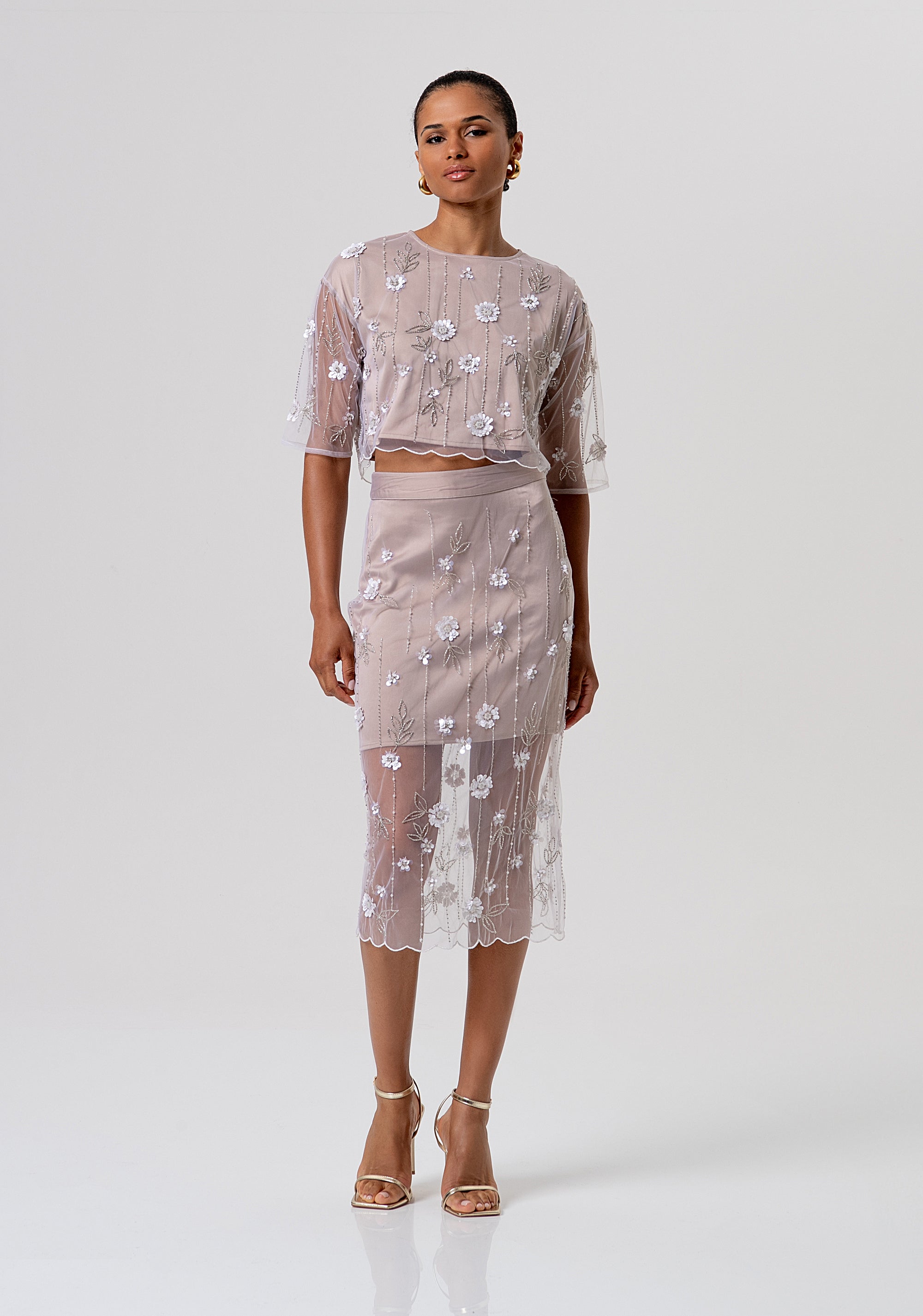 Sheath skirt slim fit middle length made in tulle with flowers and sequins Fracomina FQ26SG2003W425E5-050-1