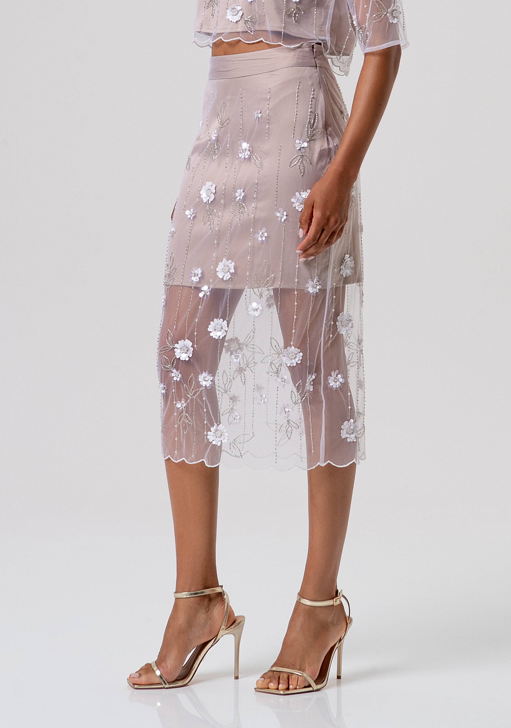 Sheath skirt slim fit middle length made in tulle with flowers and sequins Fracomina FQ26SG2003W425E5-050-2