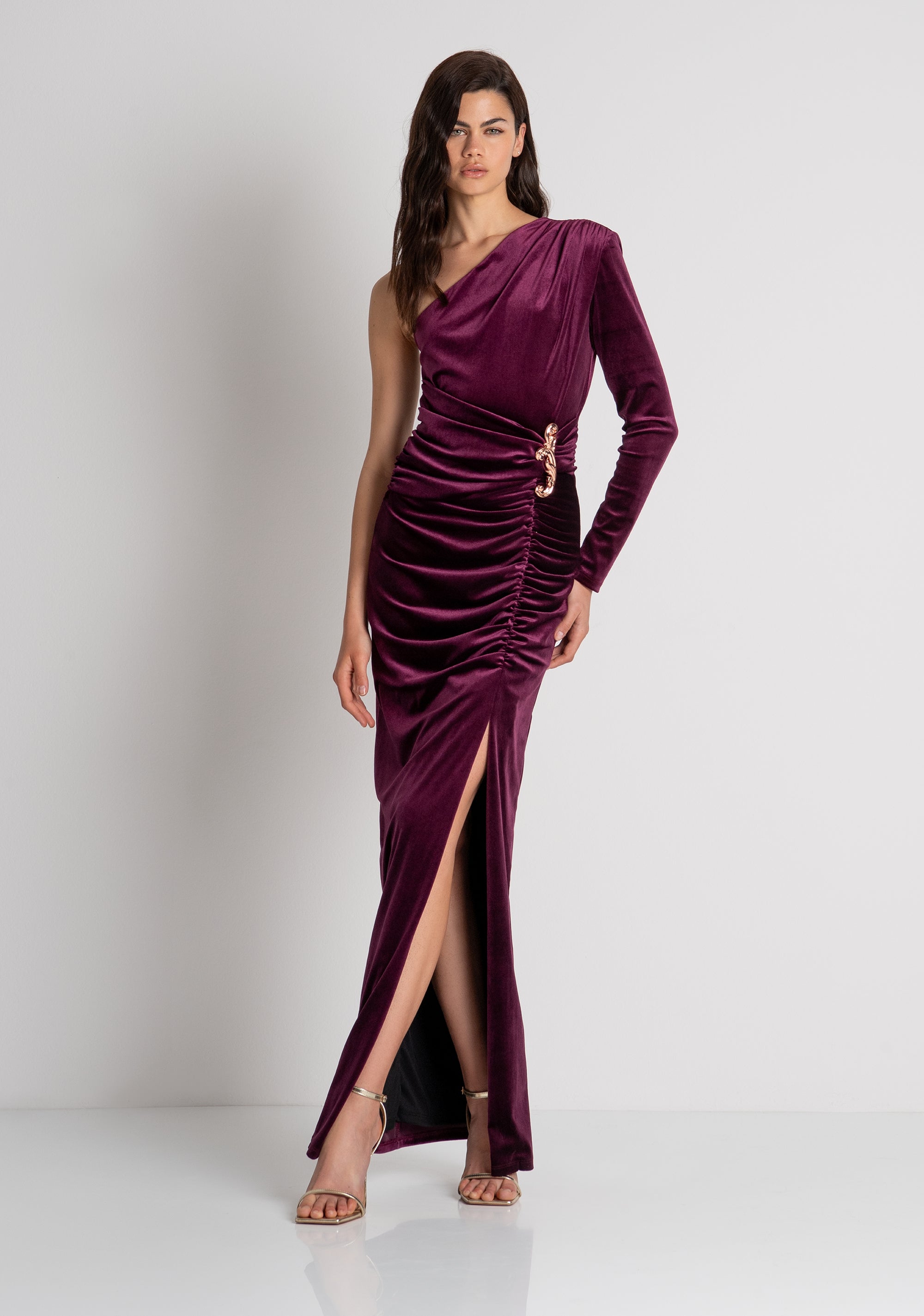 Long single shoulder dress made in velvet Fracomina FQ26WD3003W59601-T51-2