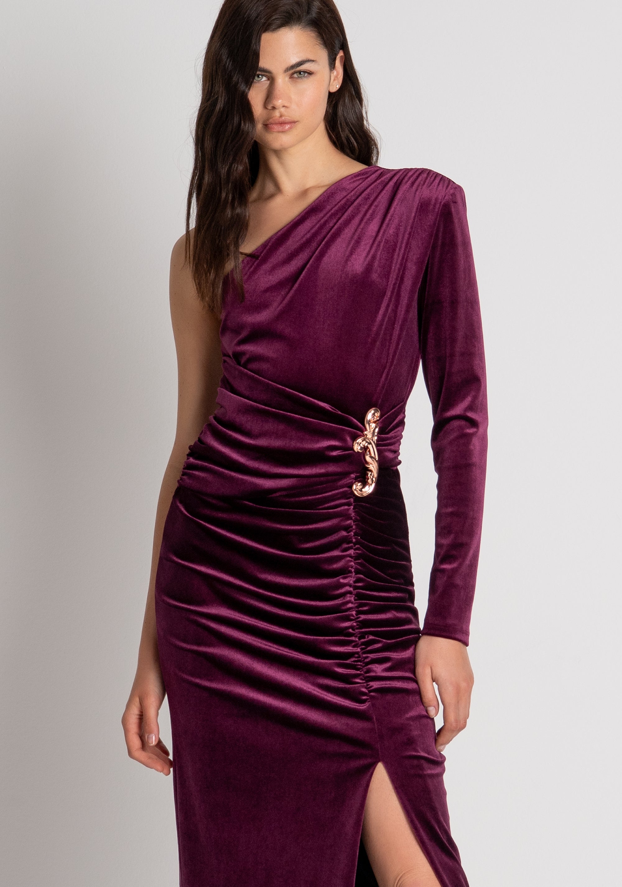 Long single shoulder dress made in velvet Fracomina FQ26WD3003W59601-T51-3