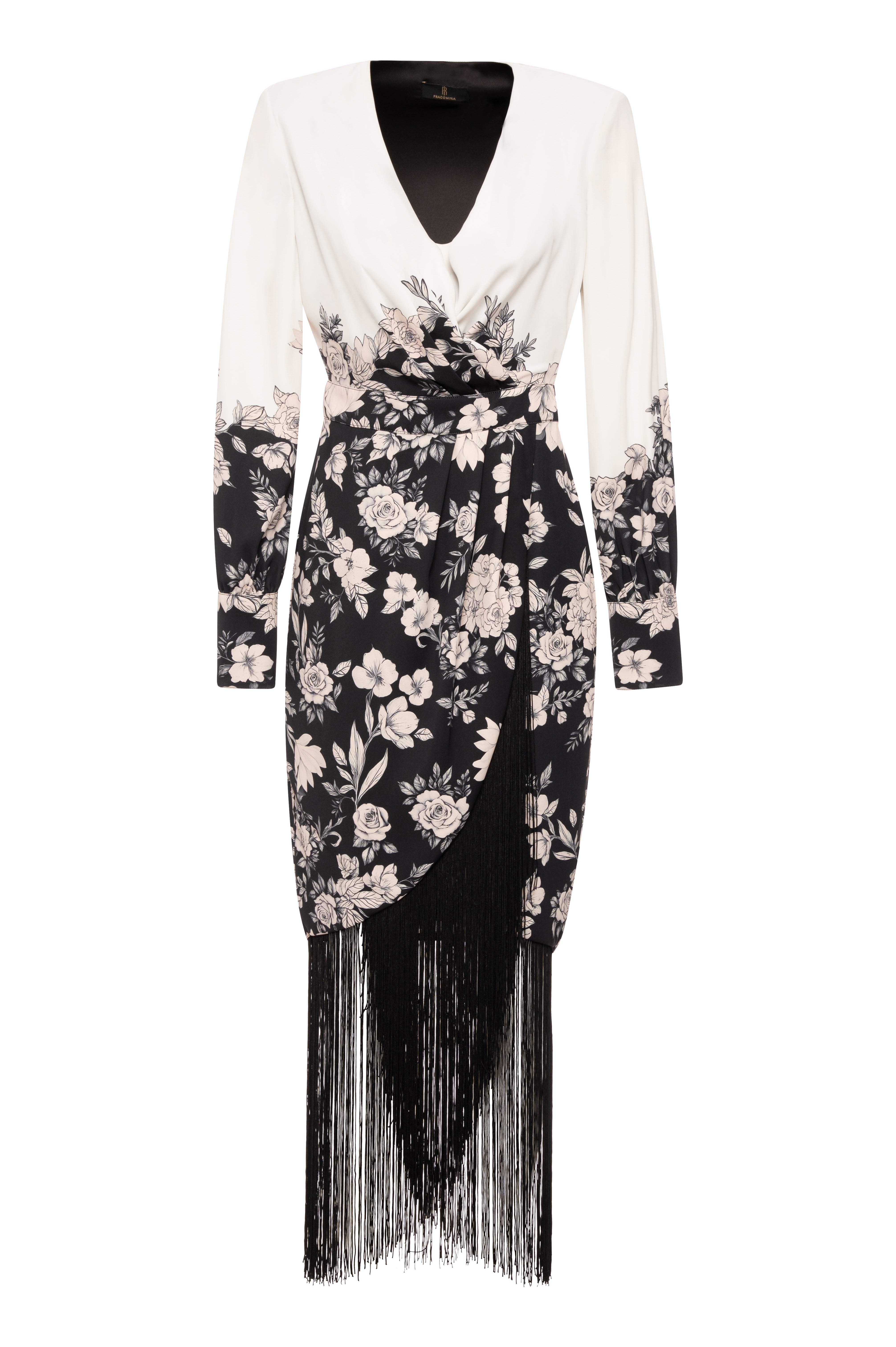 Long dress slim fit with flowery pattern and fringes at the bottom Fracomina FQ26WD3016W476K2-KE1-1_8d2b5ee1-70ca-4f0e-837d-1ee5ed082f78