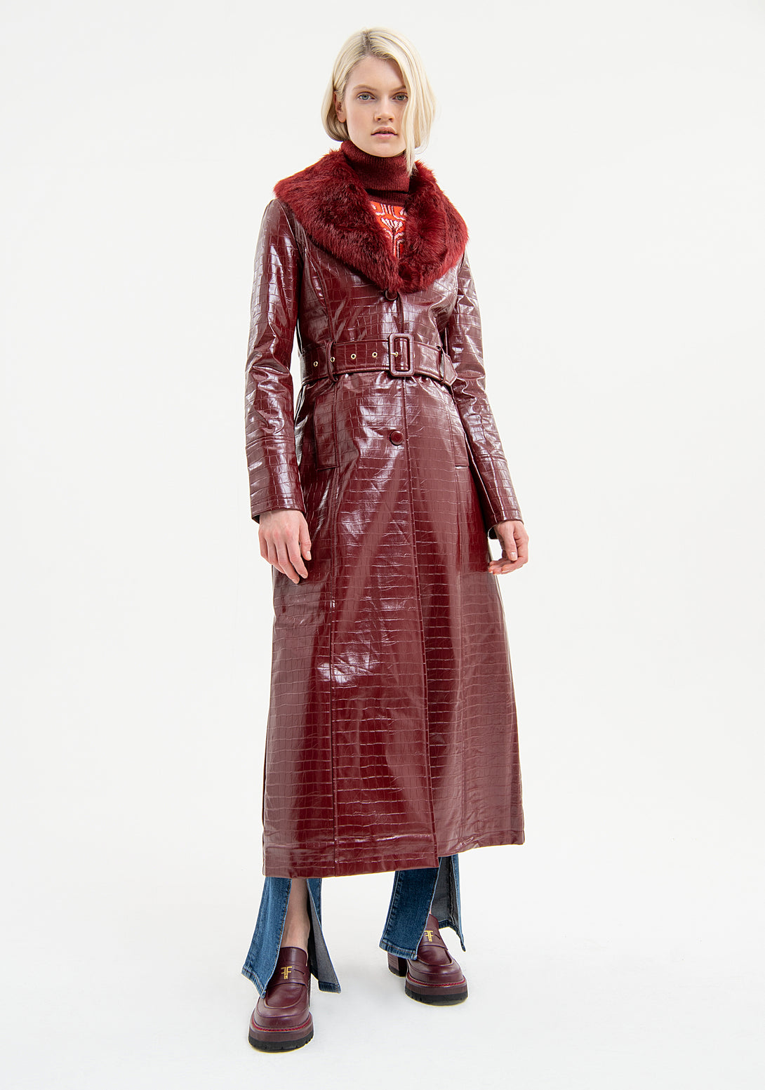 Long coat regular fit made in fake leather with croco print Fracomina FR23WC1001E400E8-R16-1