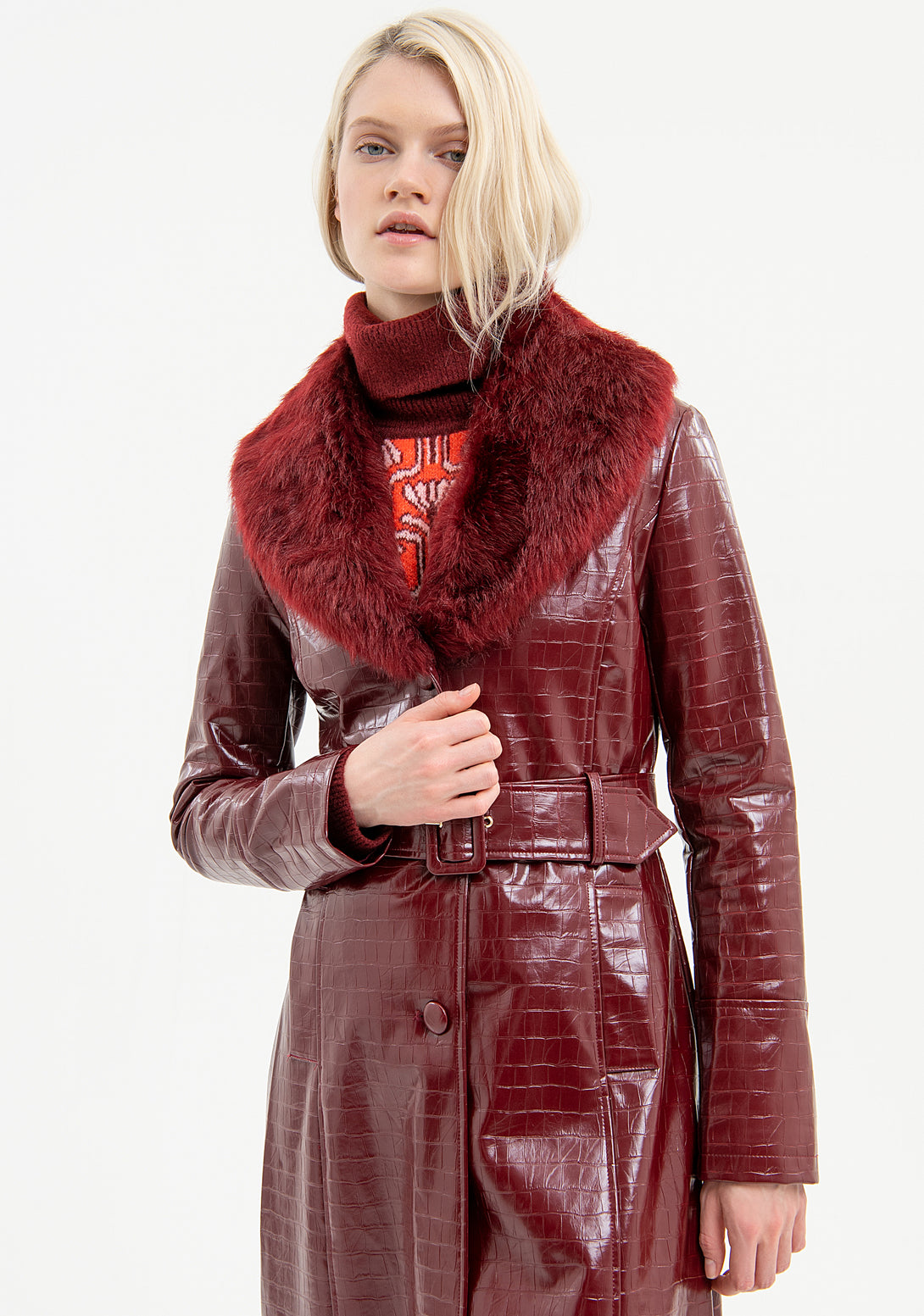 Long coat regular fit made in fake leather with croco print Fracomina FR23WC1001E400E8-R16-2