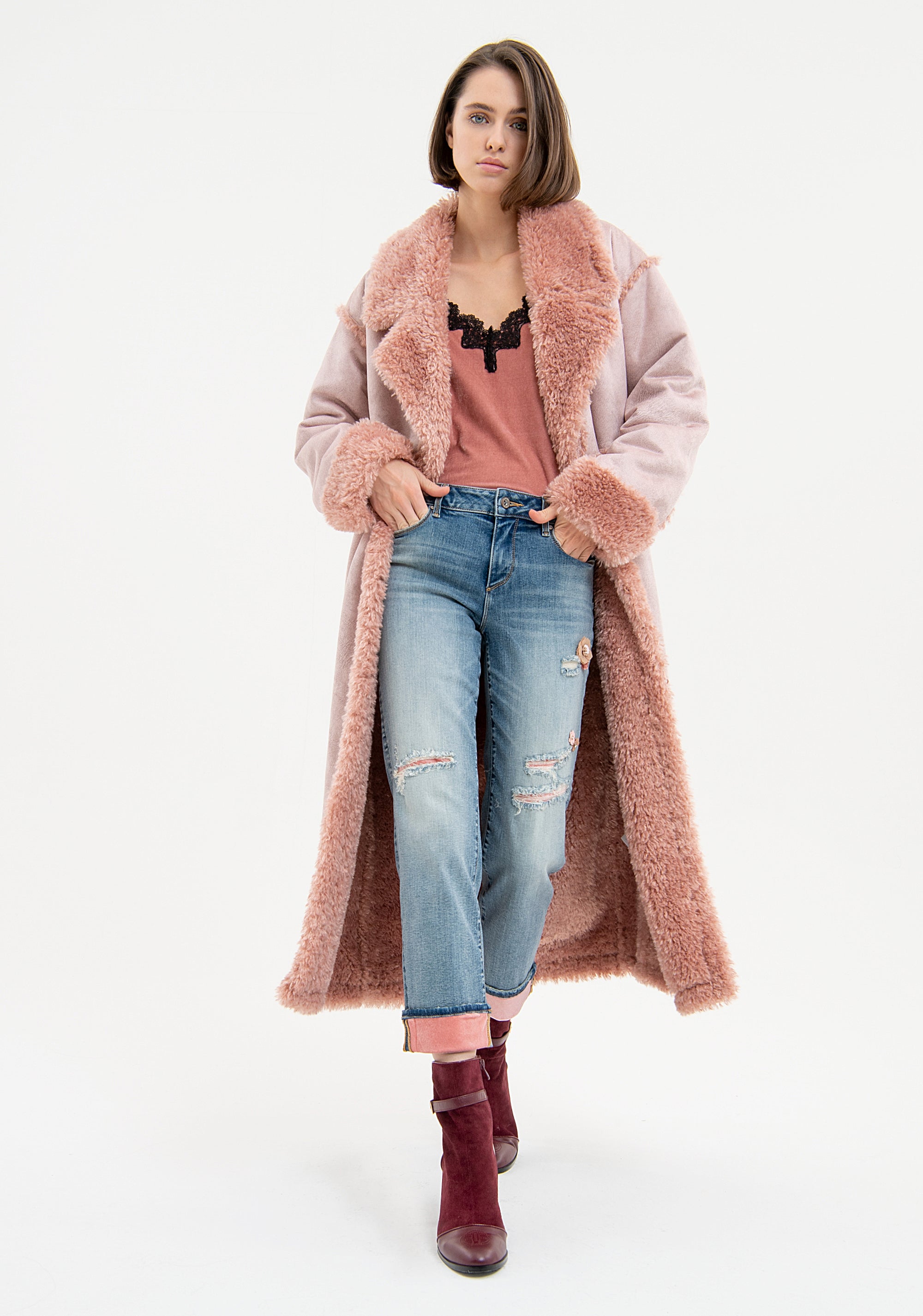 Long Faux Suede Shearling Coat with Faux Fur Trims Fracomina FR23WC4008O44601-Q93-1_91c22e1b-fe68-4919-9b7a-e85fd0d0bf43