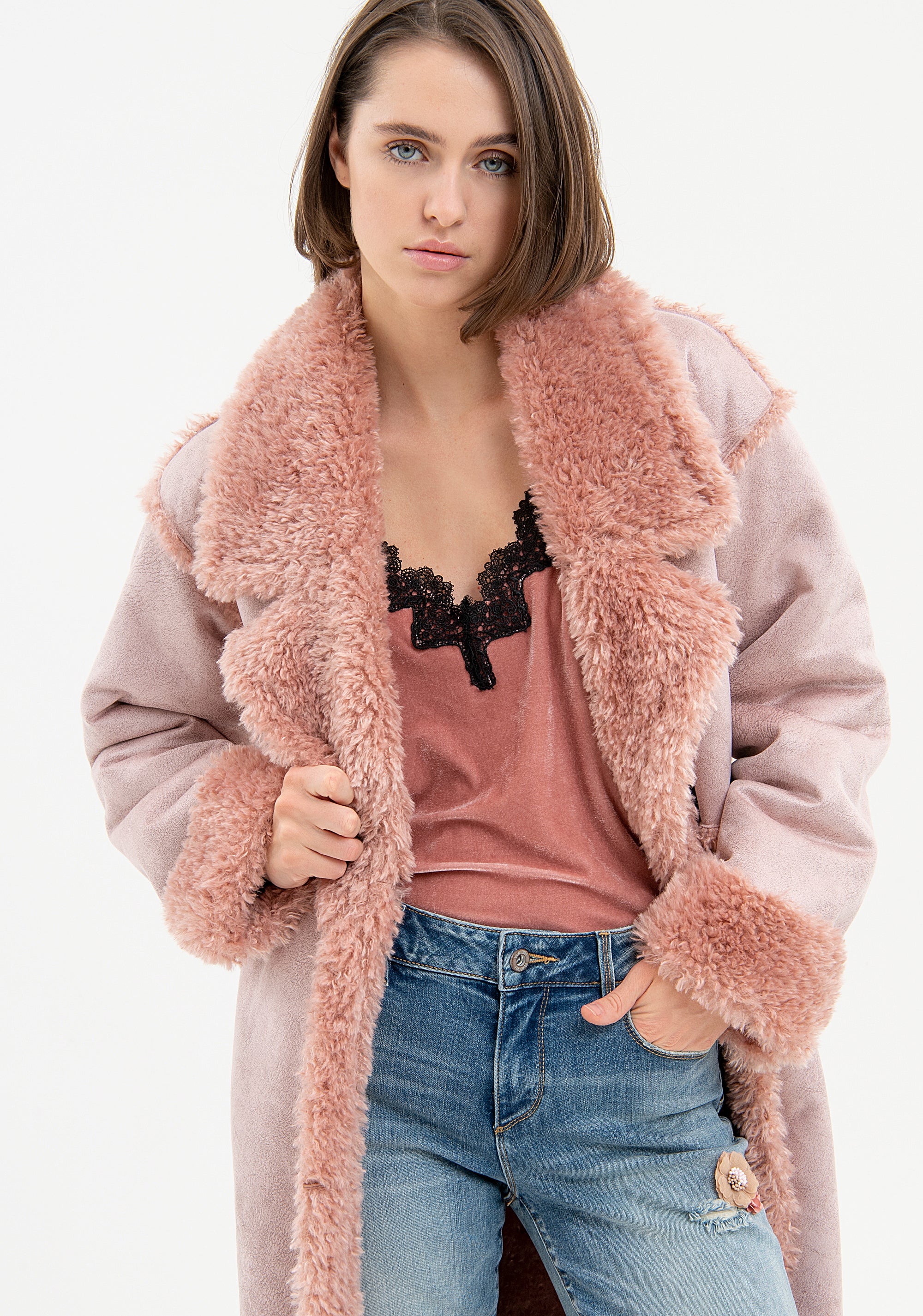 Long Faux Suede Shearling Coat with Faux Fur Trims Fracomina FR23WC4008O44601-Q93-2