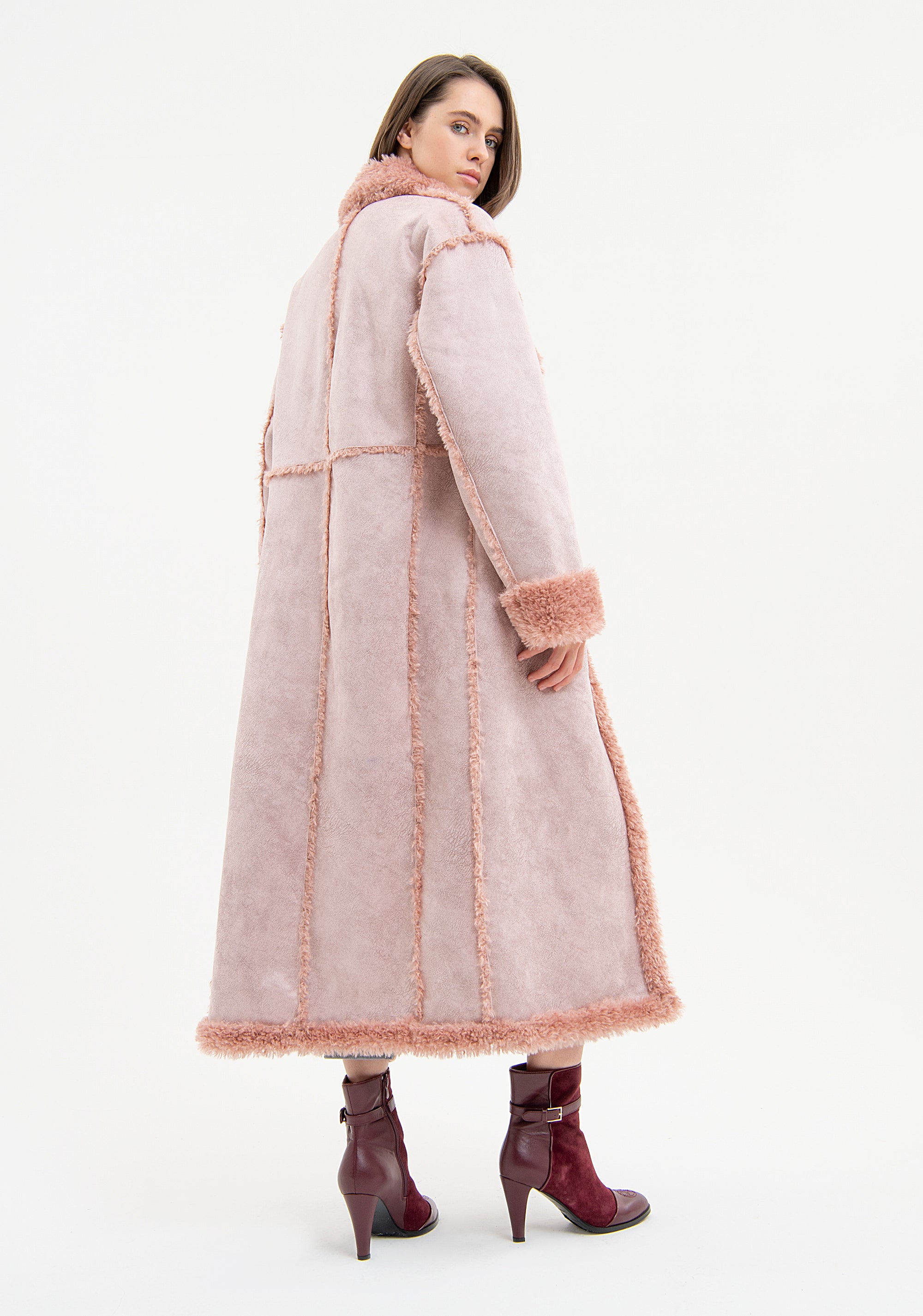 Long Faux Suede Shearling Coat with Faux Fur Trims Fracomina FR23WC4008O44601-Q93-3