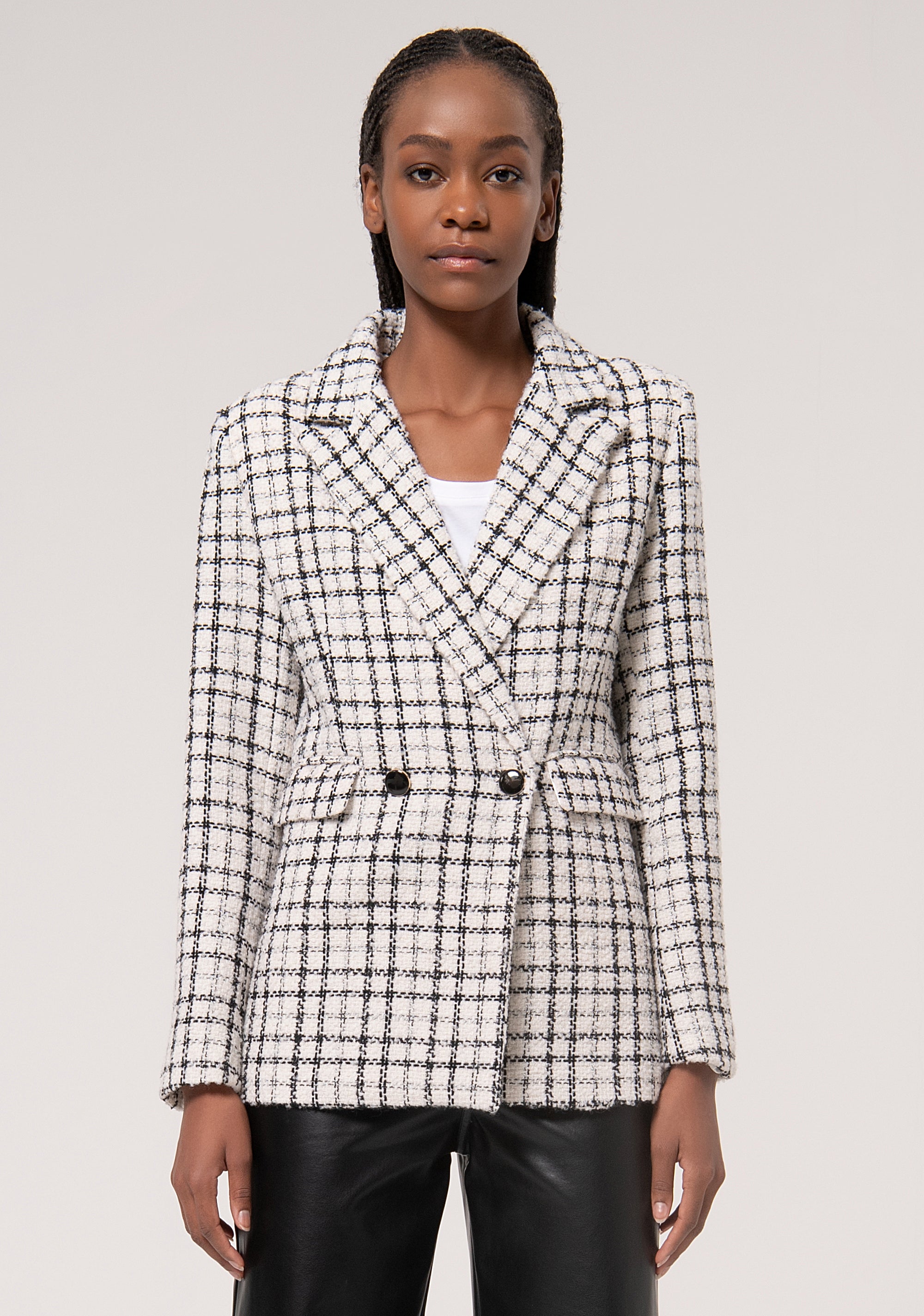 Long blazer jacket regular fit made in tweed with square pattern