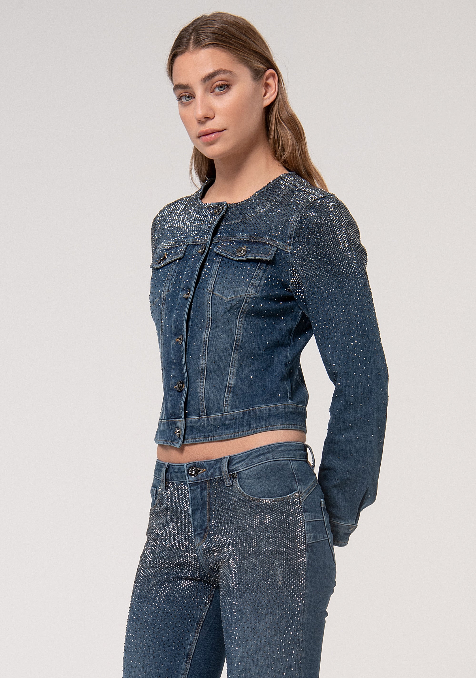 Jacket regular fit made in denim with middle wash and strasses applied Fracomina FR24WJ4004D408R9-987-2