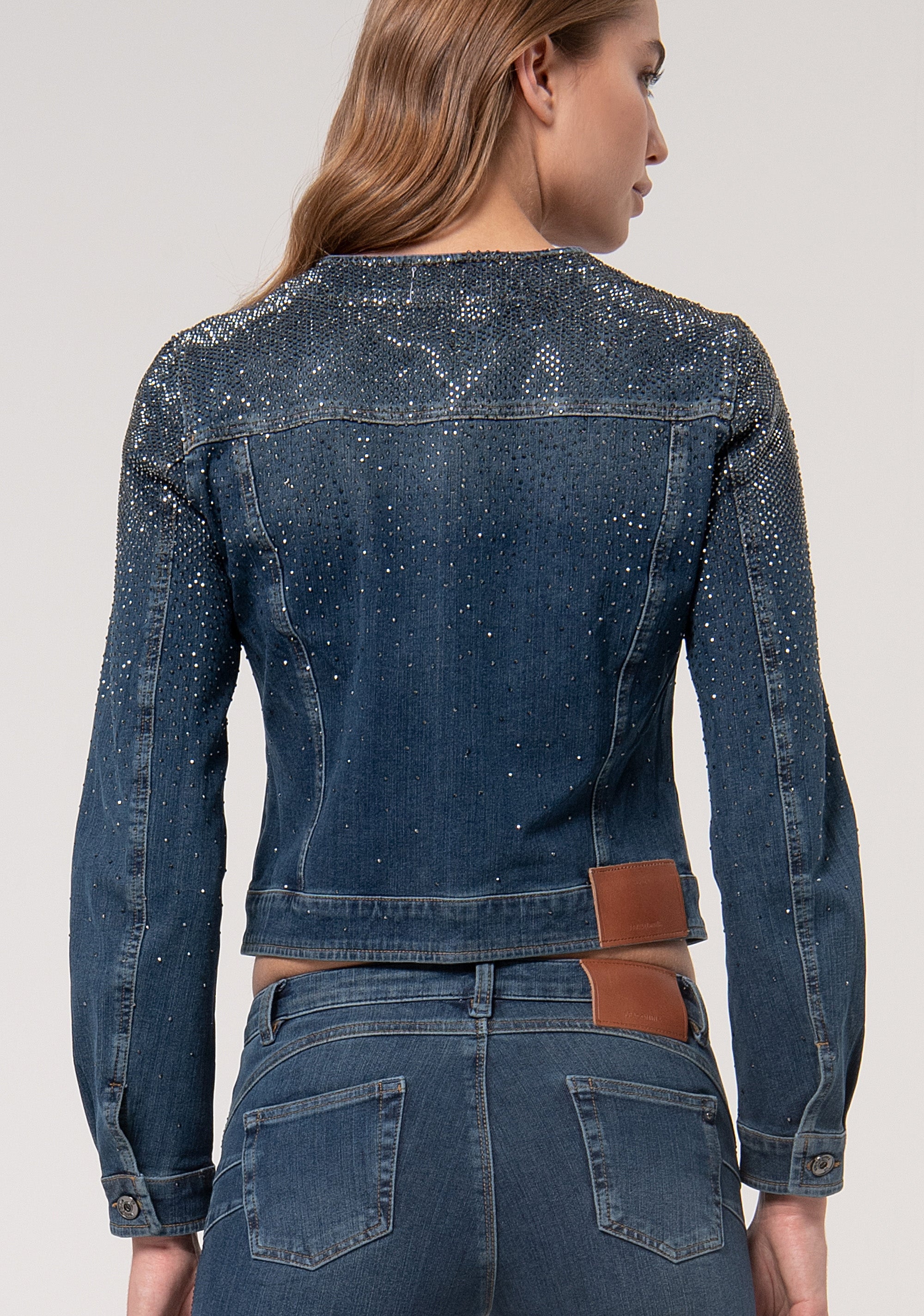 Jacket regular fit made in denim with middle wash and strasses applied Fracomina FR24WJ4004D408R9-987-4