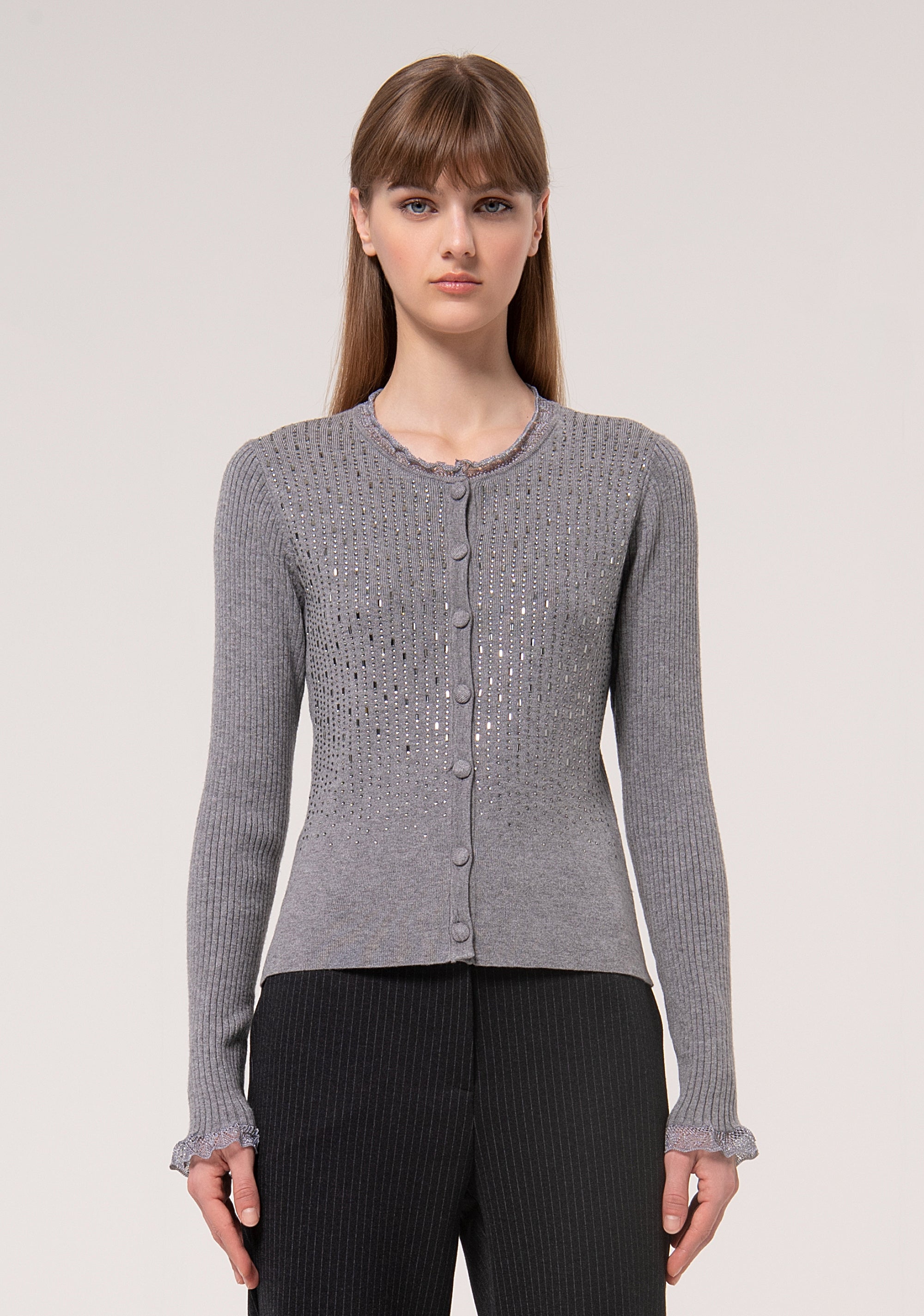 Cardigan slim fit with ribs and shiny strasses Fracomina FR24WT8032K506R9-S69-1