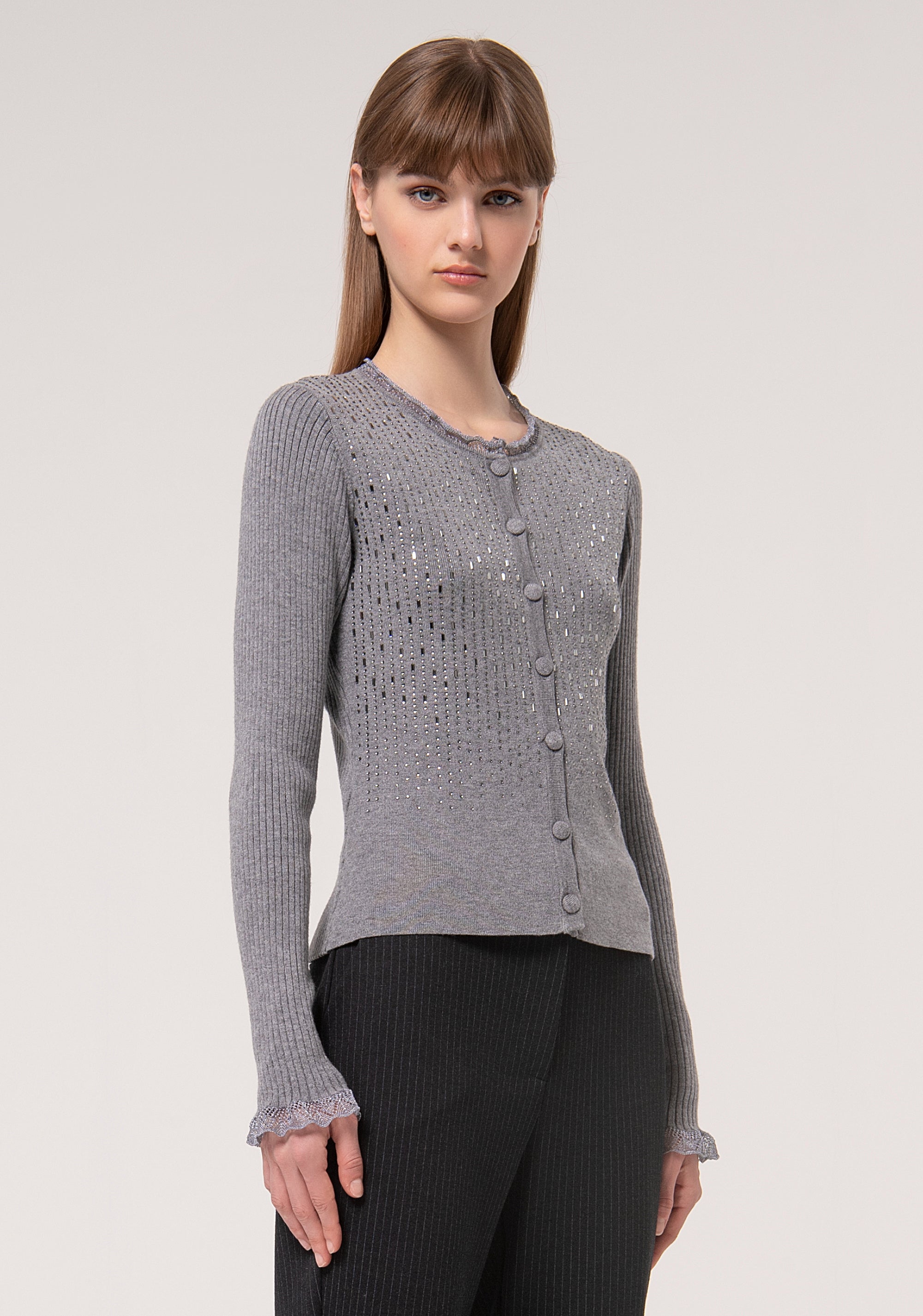 Cardigan slim fit with ribs and shiny strasses Fracomina FR24WT8032K506R9-S69-3