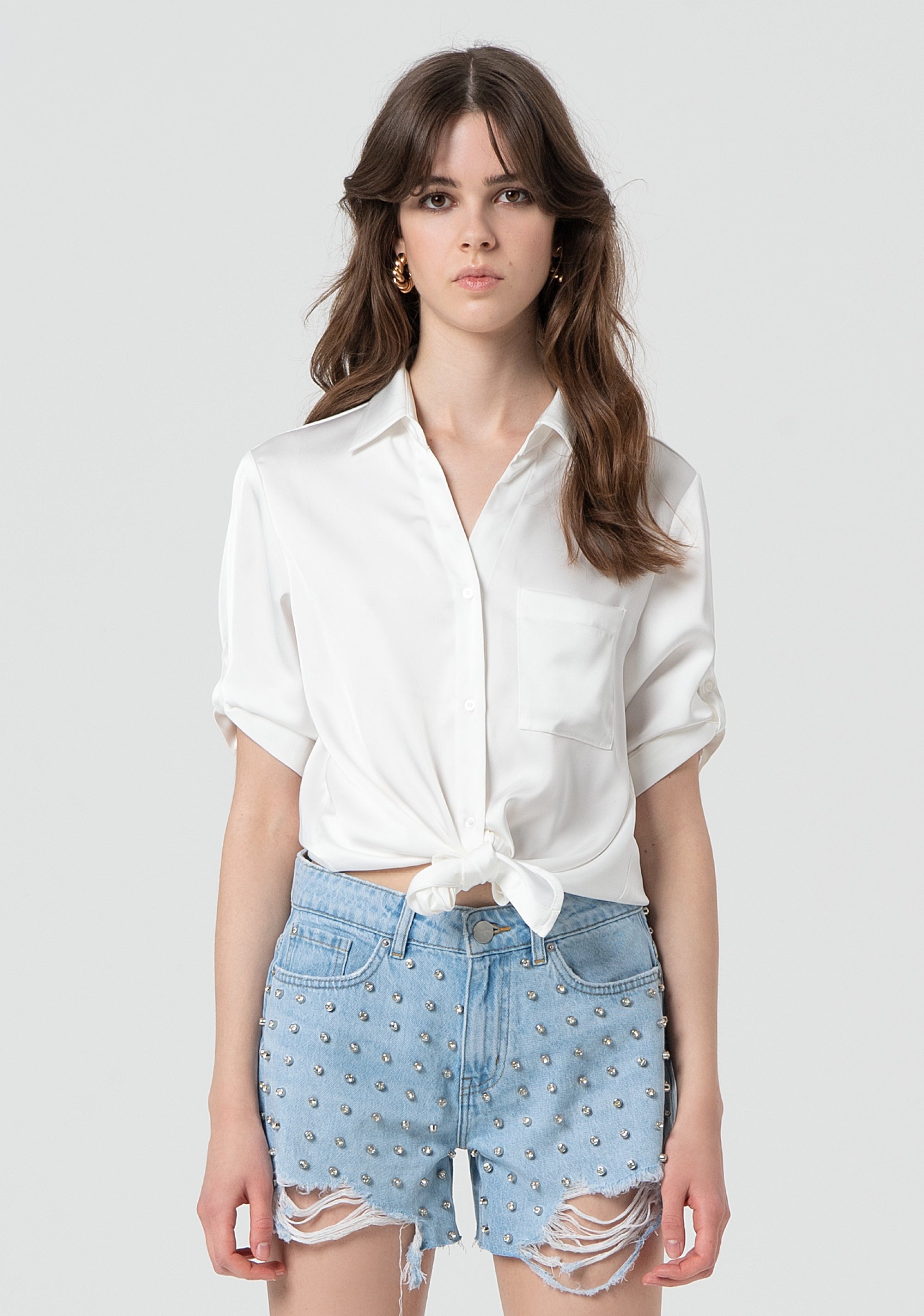 Shirt cropped with bow made in satin Fracomina FR25ST6017W73301-108-1