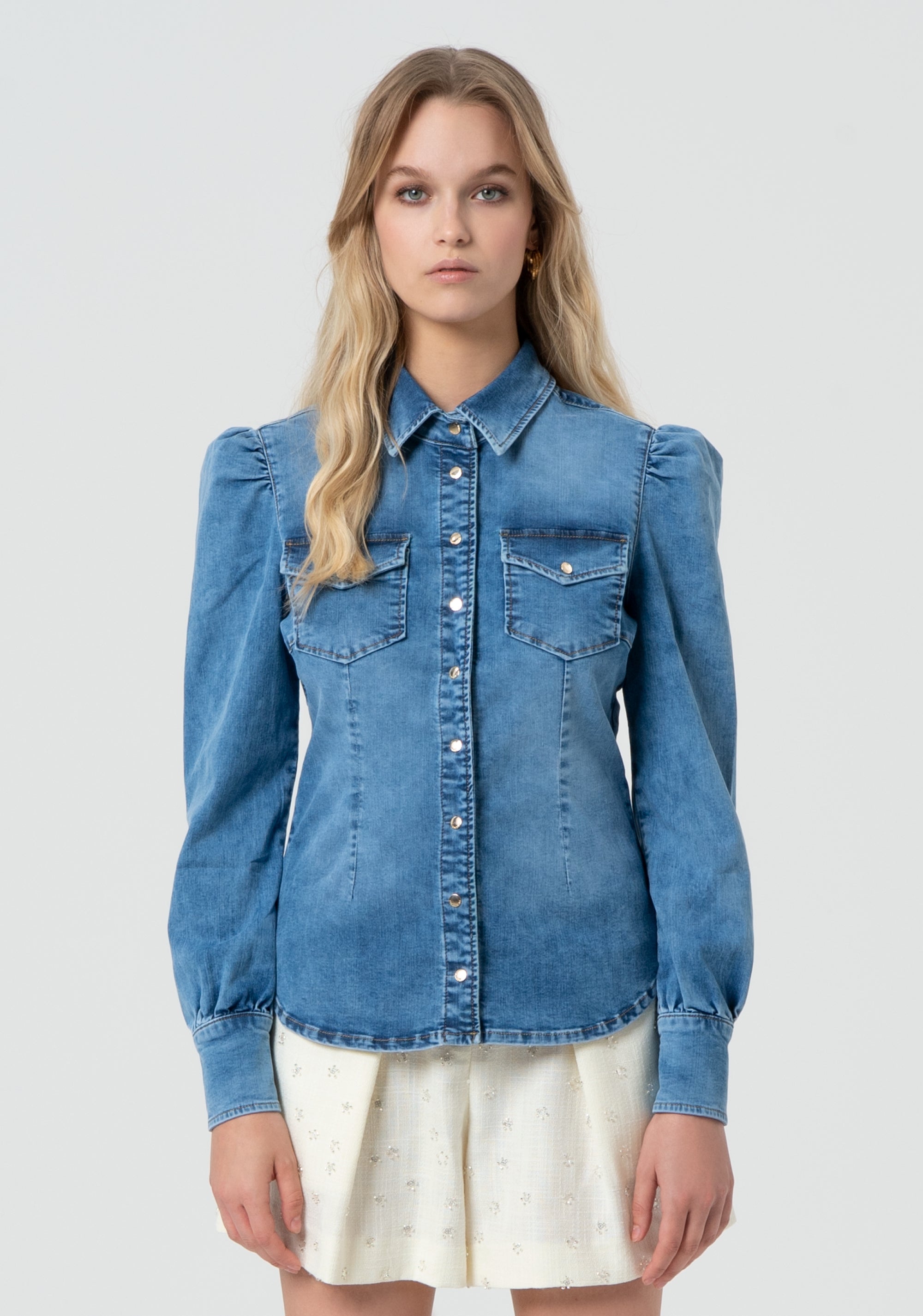 Fitted denim shirt with puff sleeves Fracomina FR25ST6023D46002-258