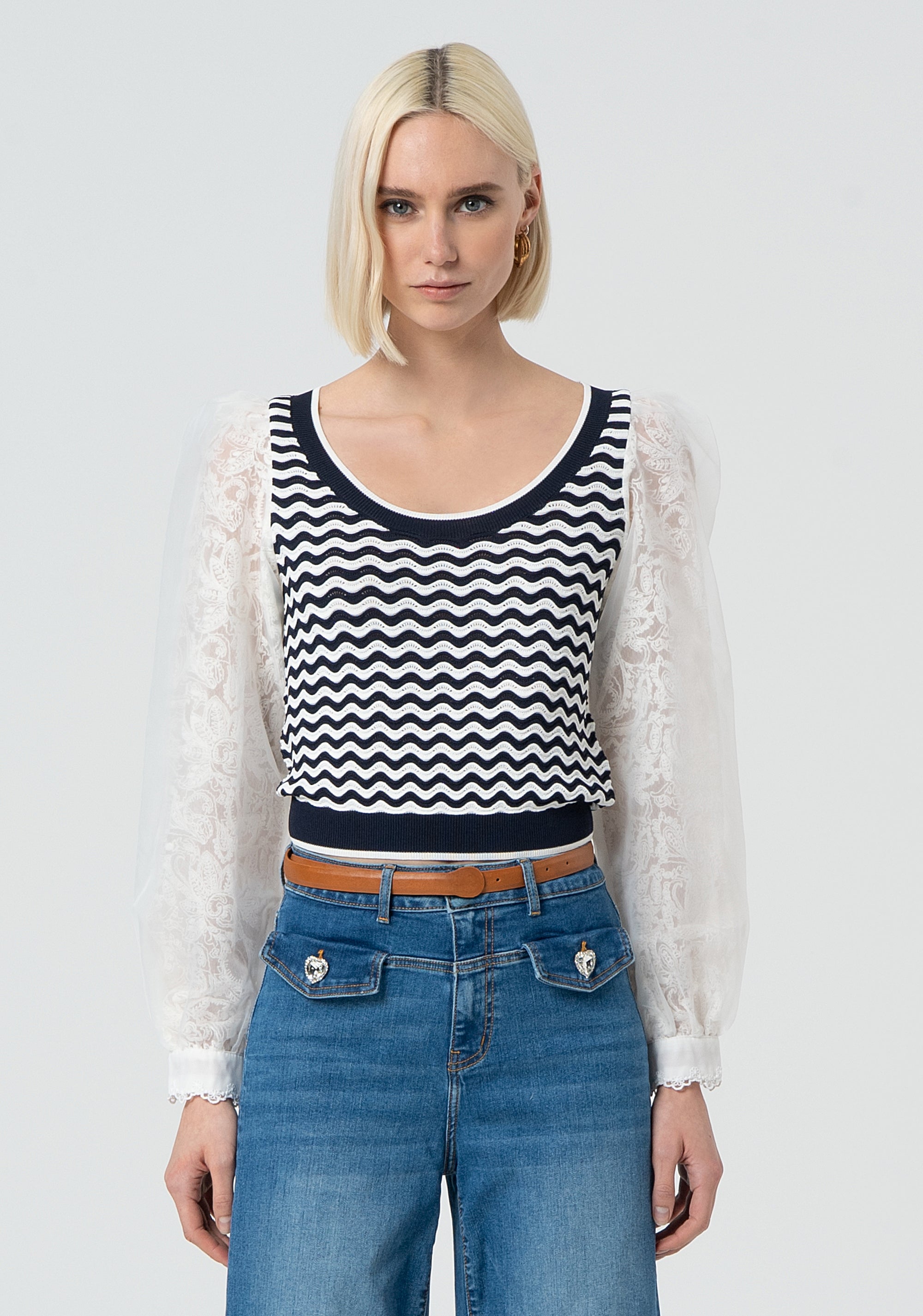 Knitwear tight fit with stripes and long sleeves made in lace Fracomina FR25ST7019K421G1-957-1_60167b74-f82c-4d1b-86fb-8f1353d269c2