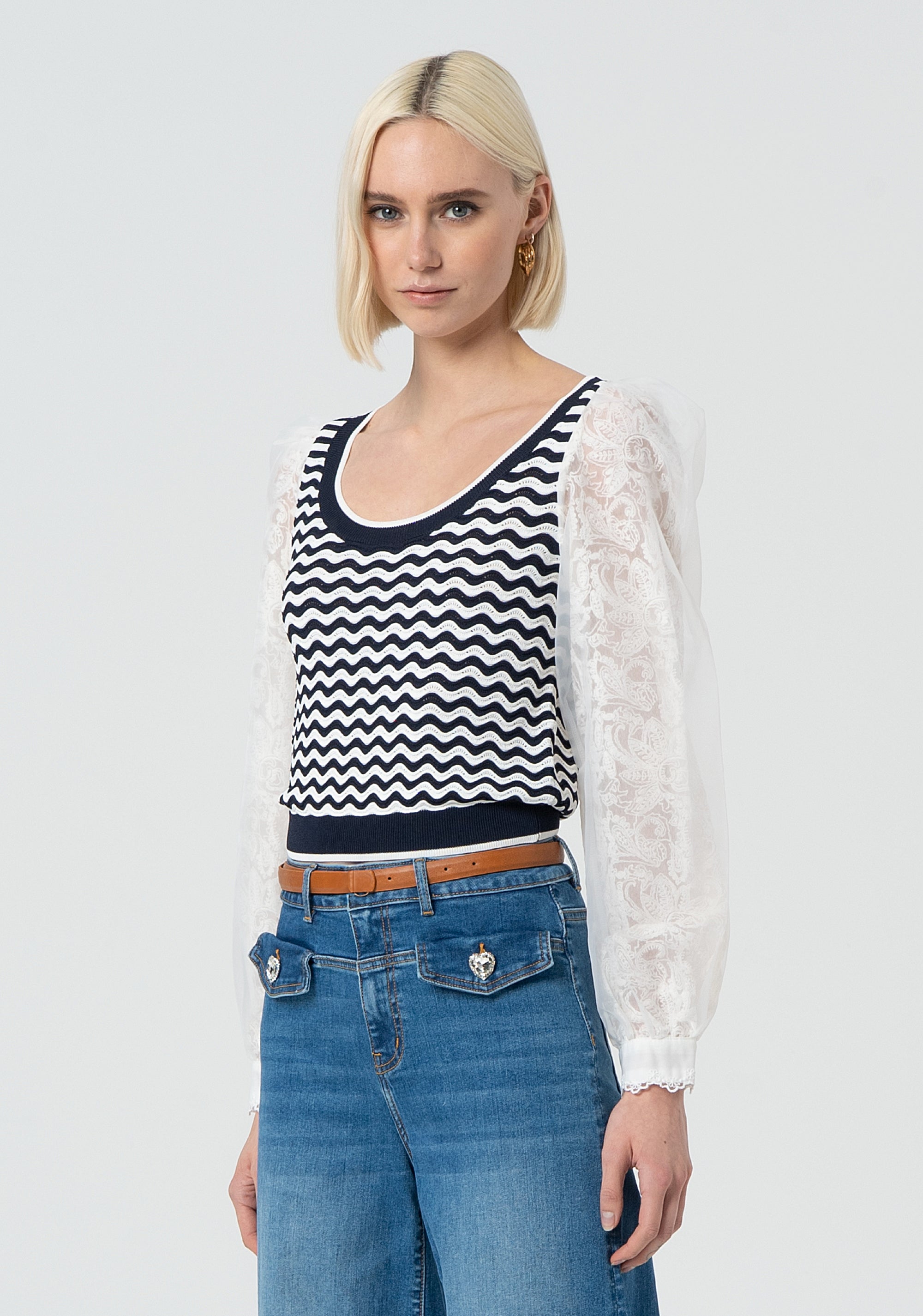 Knitwear tight fit with stripes and long sleeves made in lace Fracomina FR25ST7019K421G1-957-3