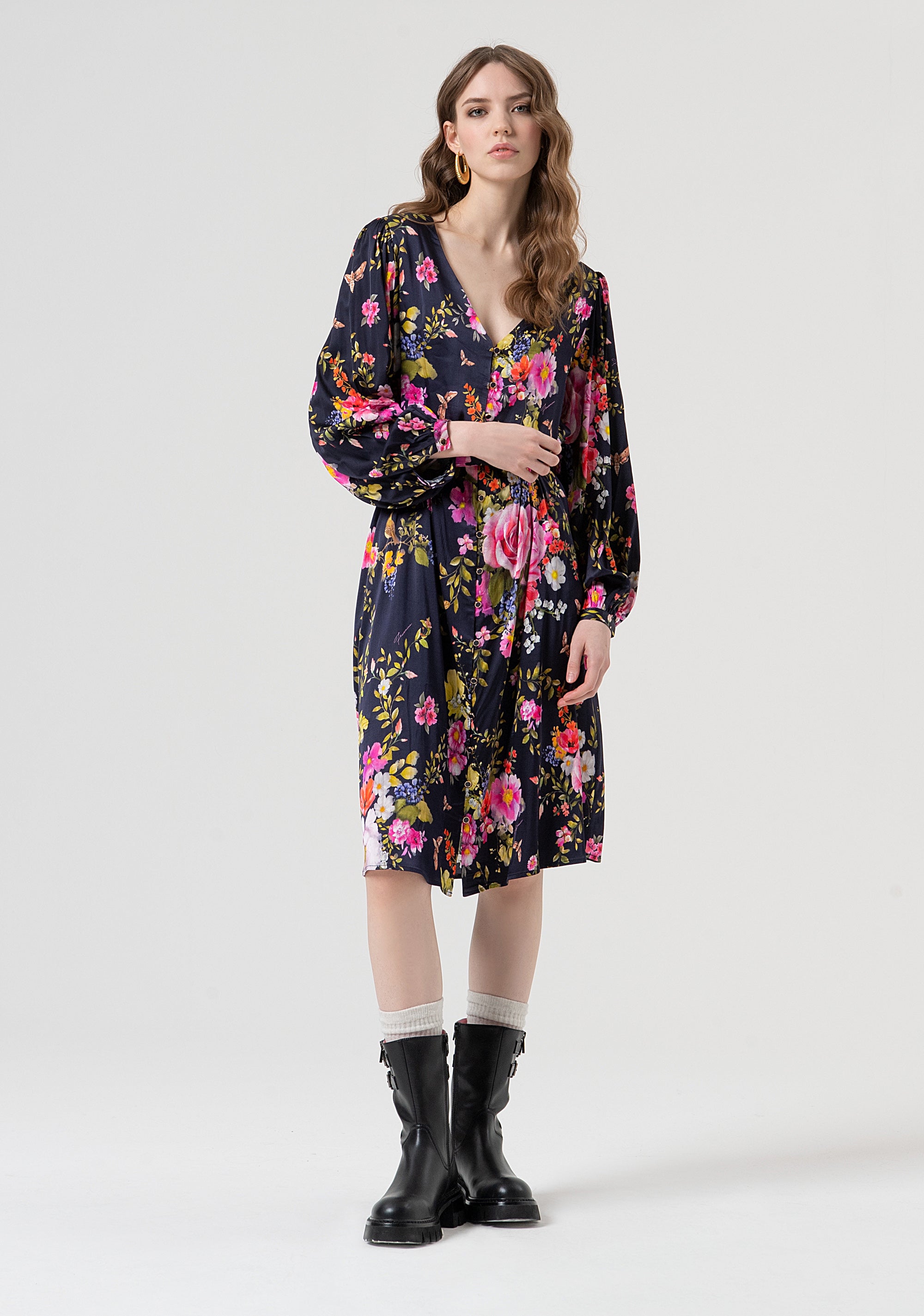 Dress flared middle length with flowery pattern Fracomina FR25WD2006W584K2-117-1