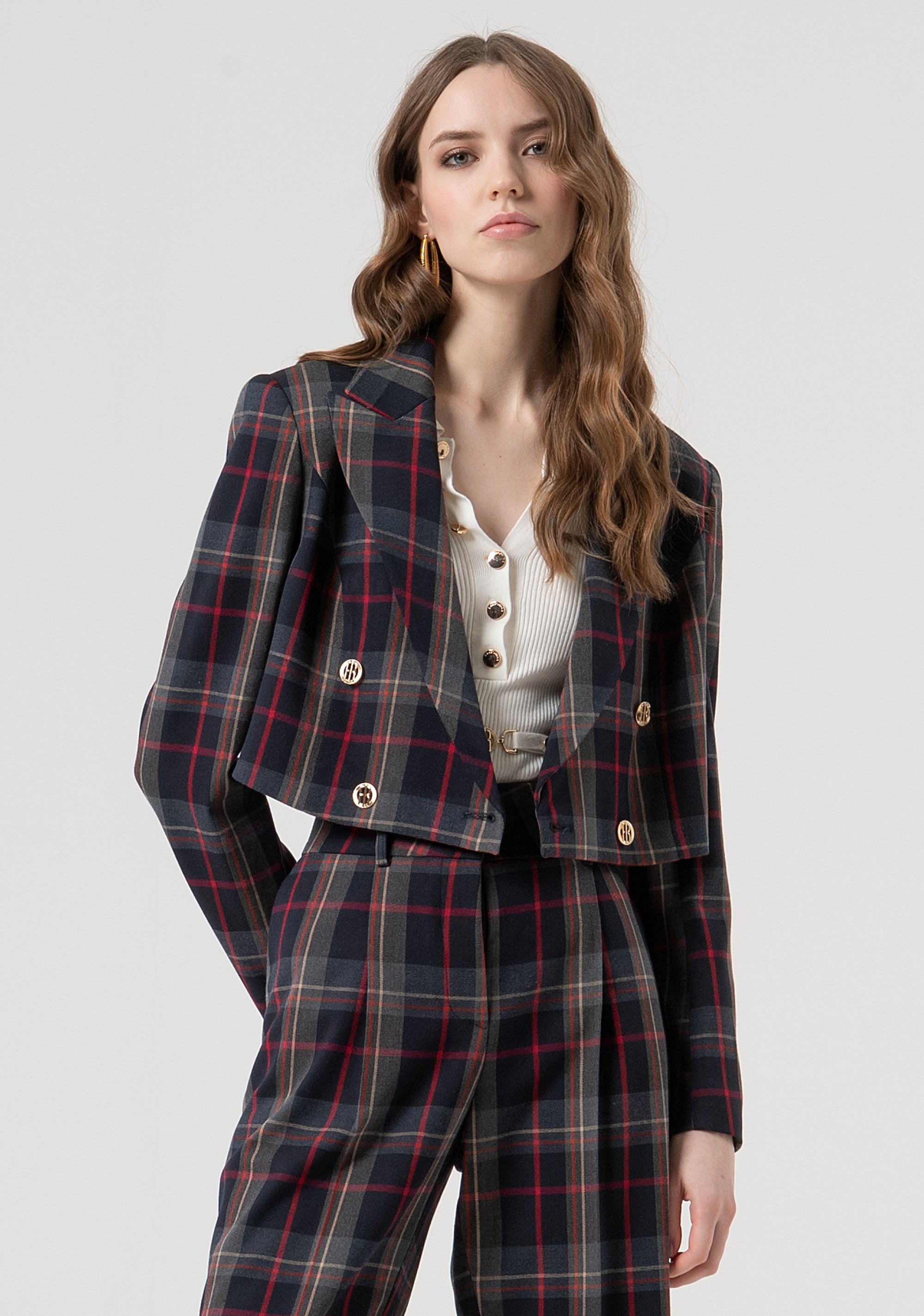 Blazer jacket cropped double breasted with tartan pattern Fracomina FR25WJ1003W45995-T62-1
