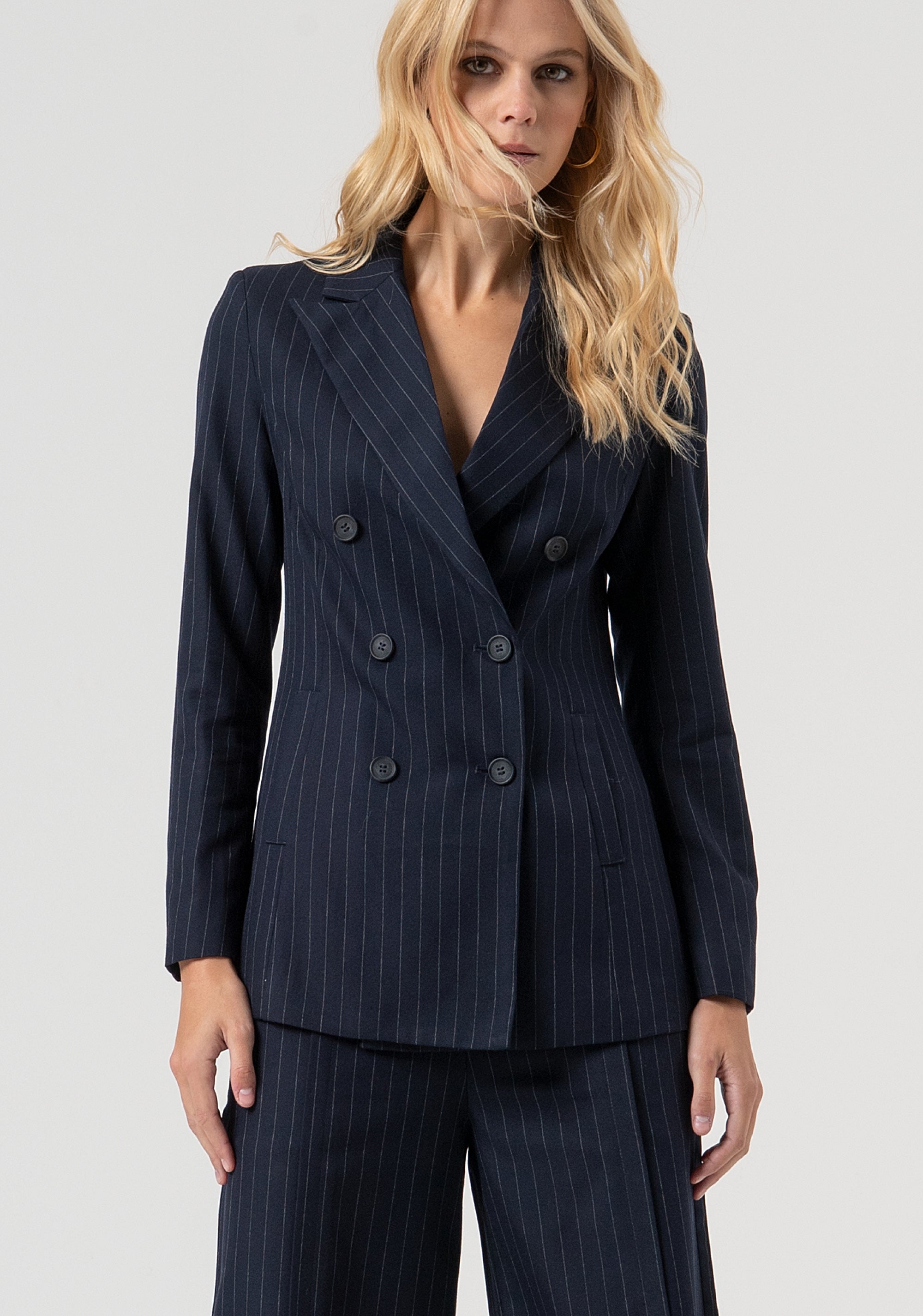 Long pinstriped blazer jacket double breasted Fracomina FR25WJ3007W813D4-117-1