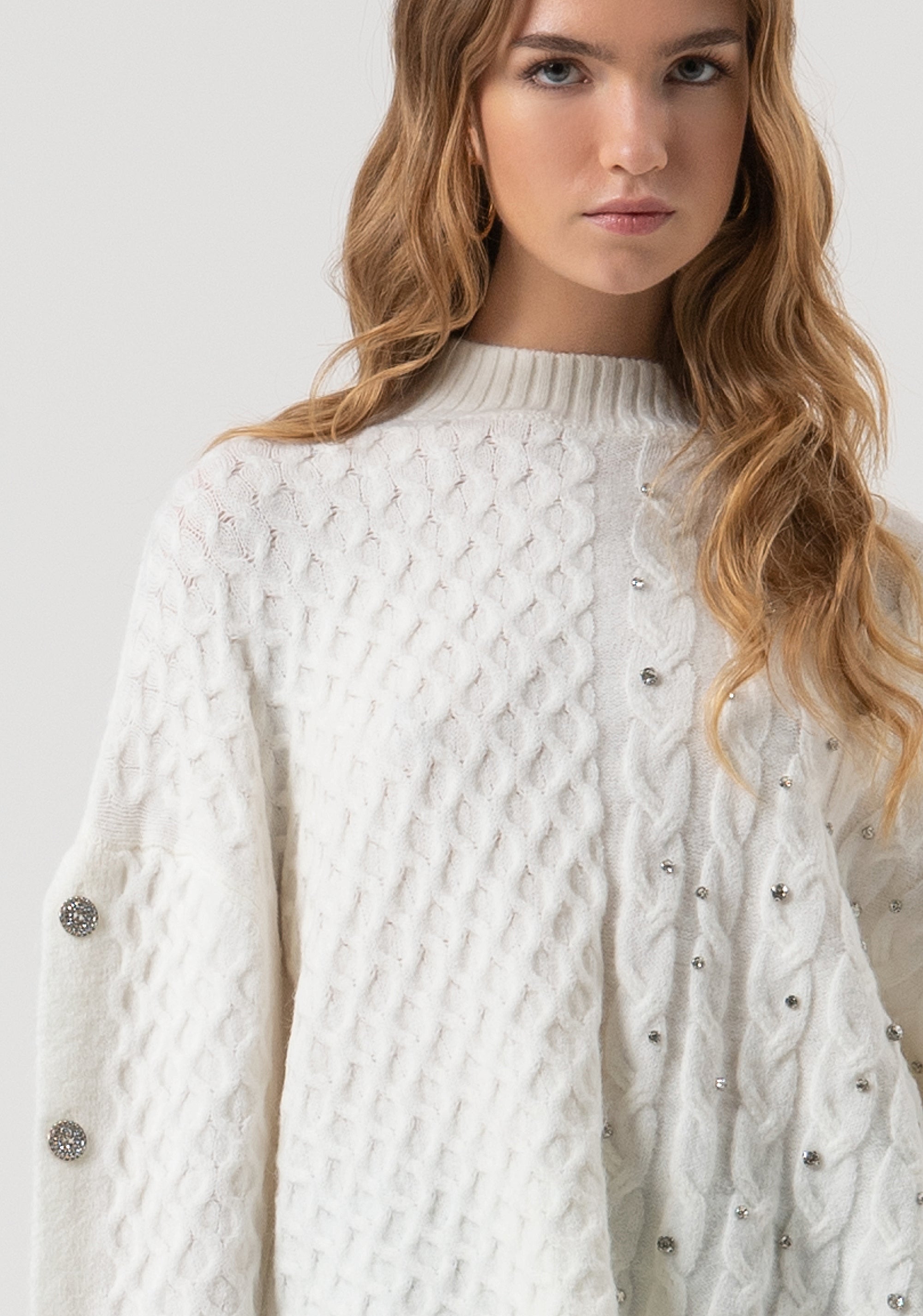 Knitwear over fit with plaits with shiny stones applied Fracomina FR25WT7037K47101-108-2