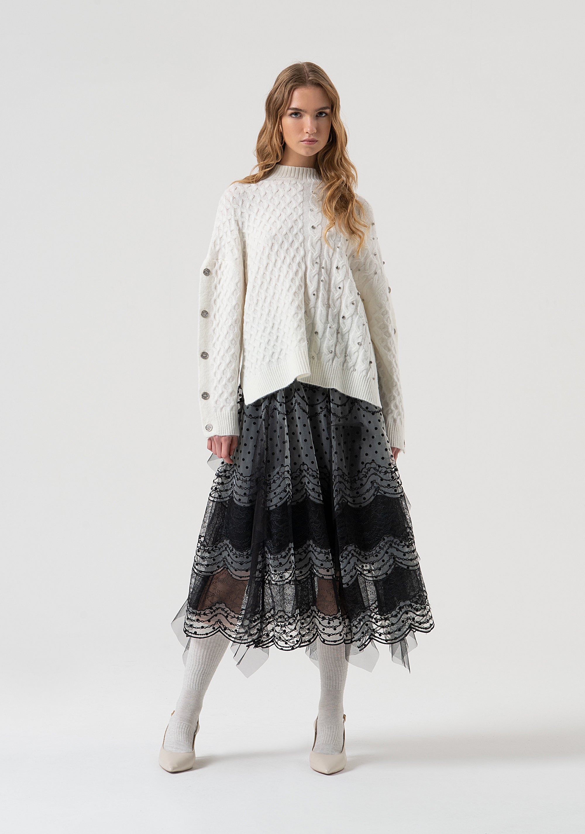 Knitwear over fit with plaits with shiny stones applied Fracomina FR25WT7037K47101-108-5