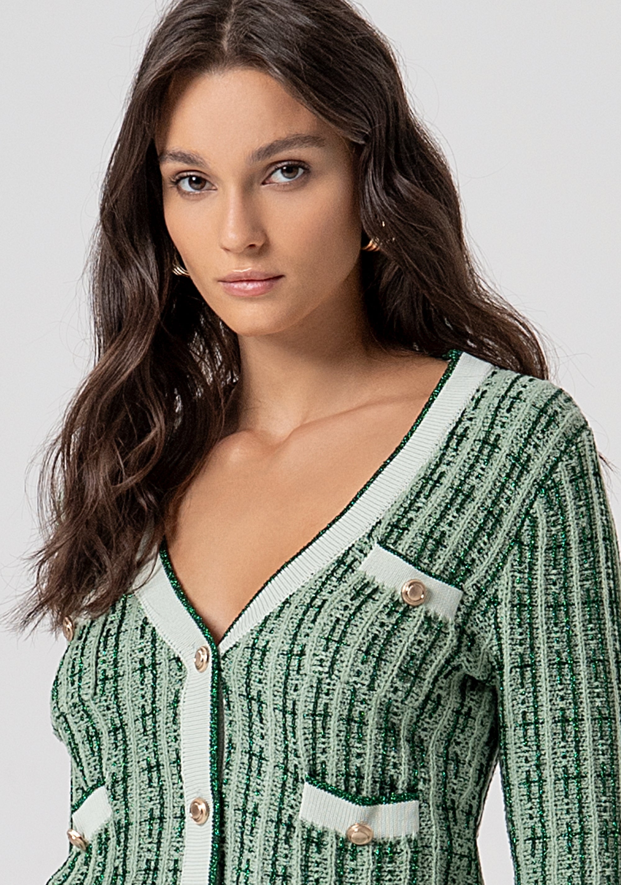Two-Tone Knit Cropped Cardigan with Gold Buttons Fracomina FR25WT8027K55501-B08-2